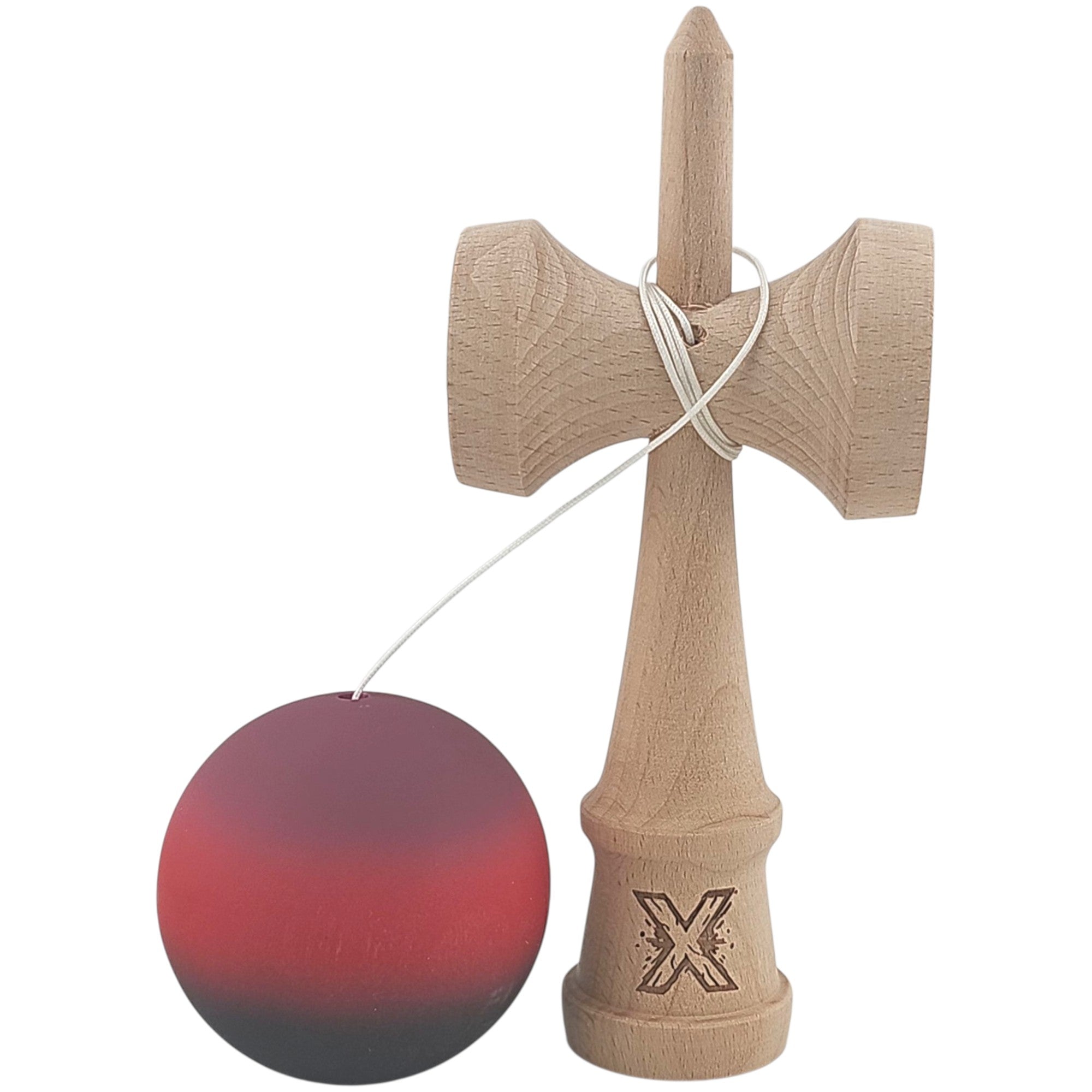Kendama X Originala, Profesionala, din Lemn, Rubber Grip, 18 cm, Mov/Rosu/Negru