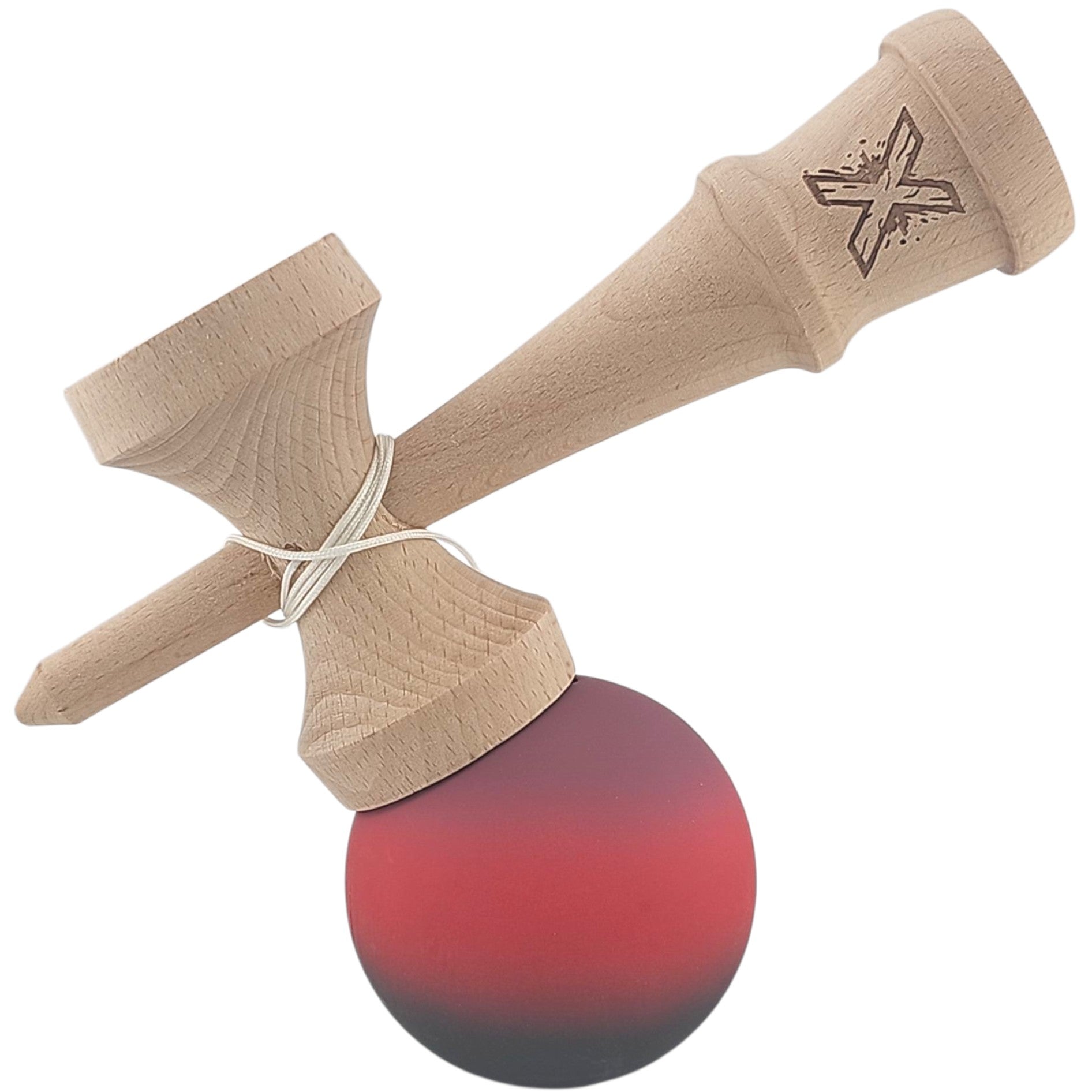Kendama X Originala, Profesionala, din Lemn, Rubber Grip, 18 cm, Mov/Rosu/Negru