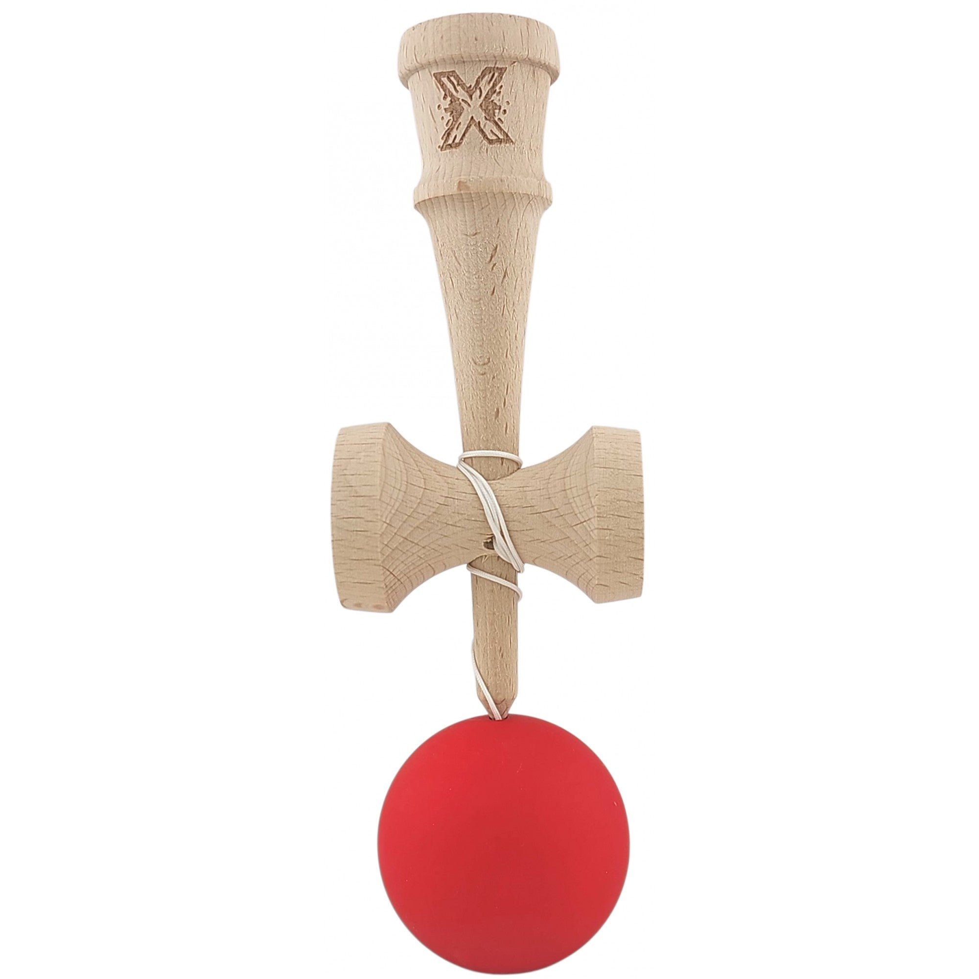 Kendama X Originala, Profesionala, din lemn, Rubber Grip, 18 cm, Rosu