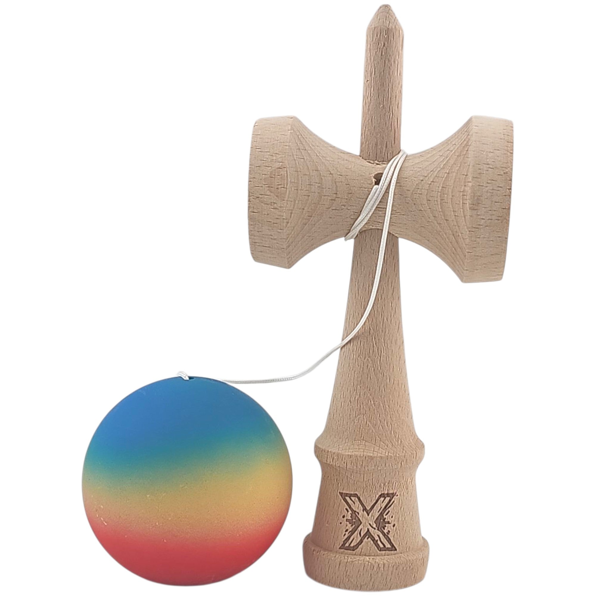 Kendama X Originala, Profesionala, din Lemn, Rubber Grip, 18 cm, Rosu/Galben/Albastru