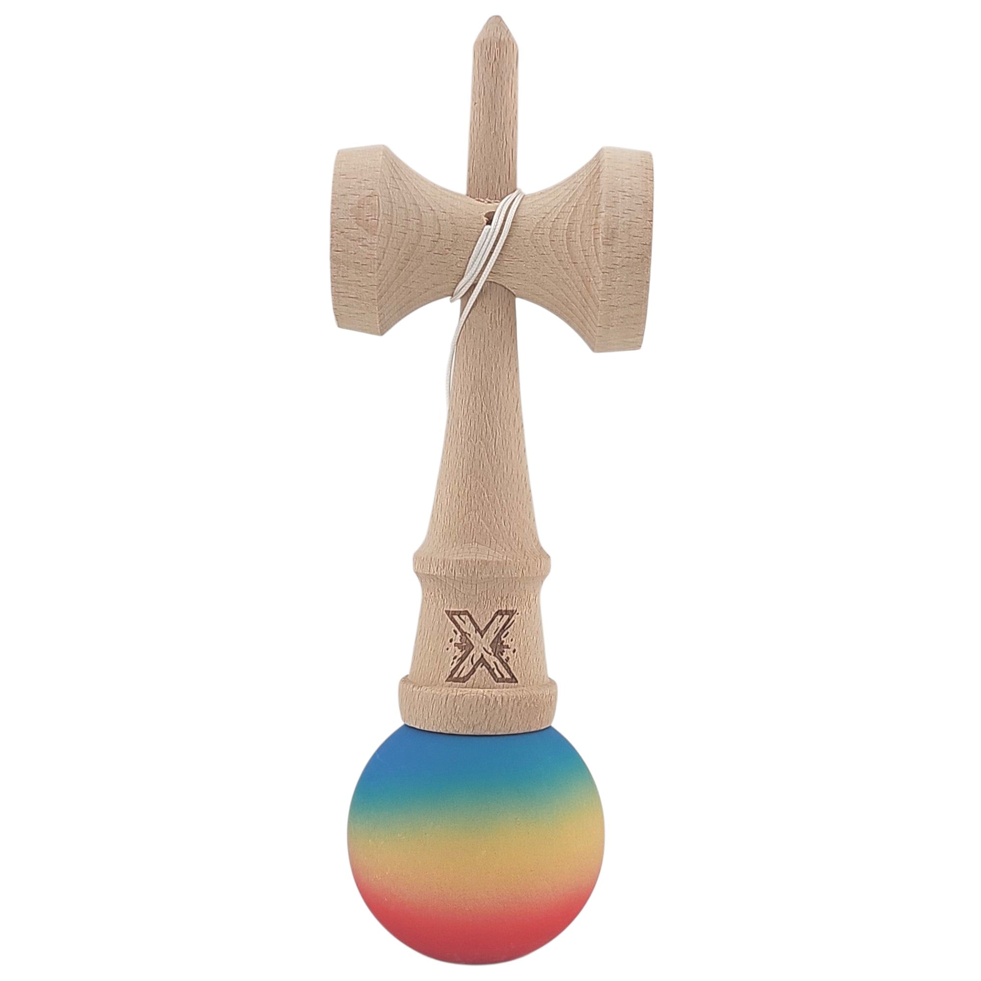 Kendama X Originala, Profesionala, din Lemn, Rubber Grip, 18 cm, Rosu/Galben/Albastru
