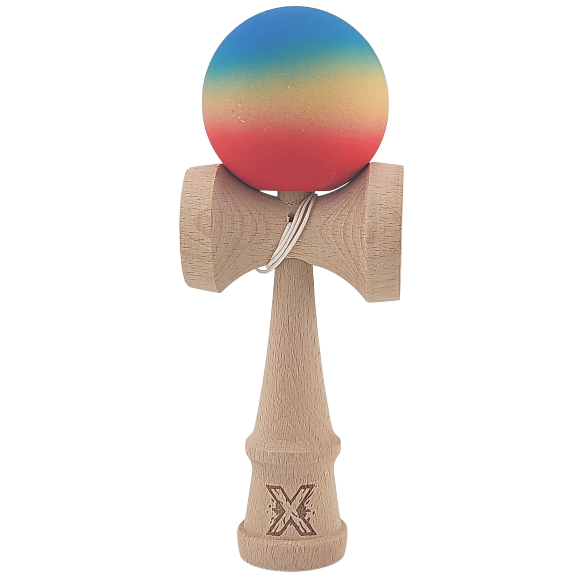 Kendama X Originala, Profesionala, din Lemn, Rubber Grip, 18 cm, Rosu/Galben/Albastru