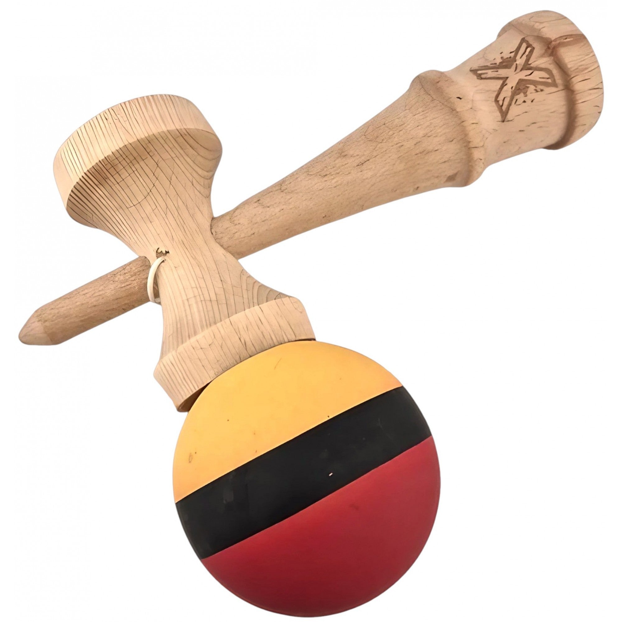 Kendama X Originala, Profesionala, din Lemn, Rubber Grip, 18 cm, Rosu/Negru/Galben