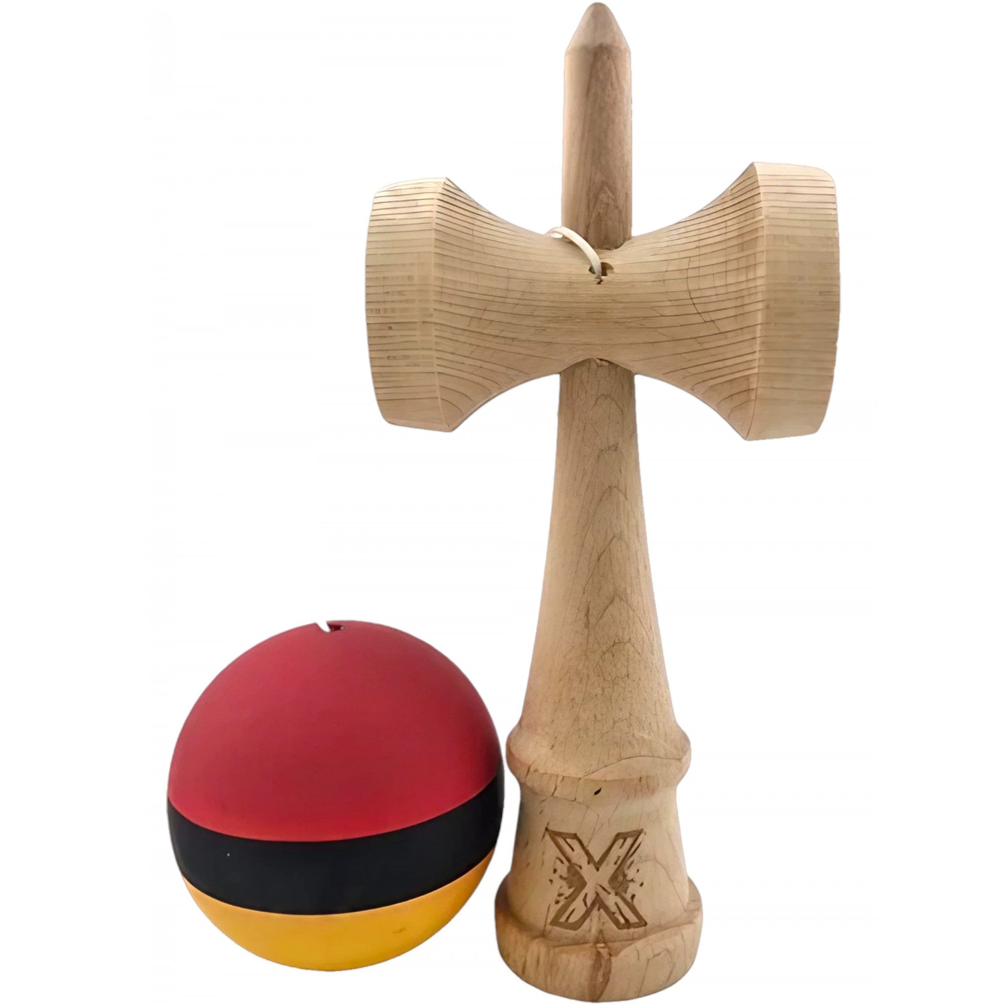 Kendama X Originala, Profesionala, din Lemn, Rubber Grip, 18 cm, Rosu/Negru/Galben