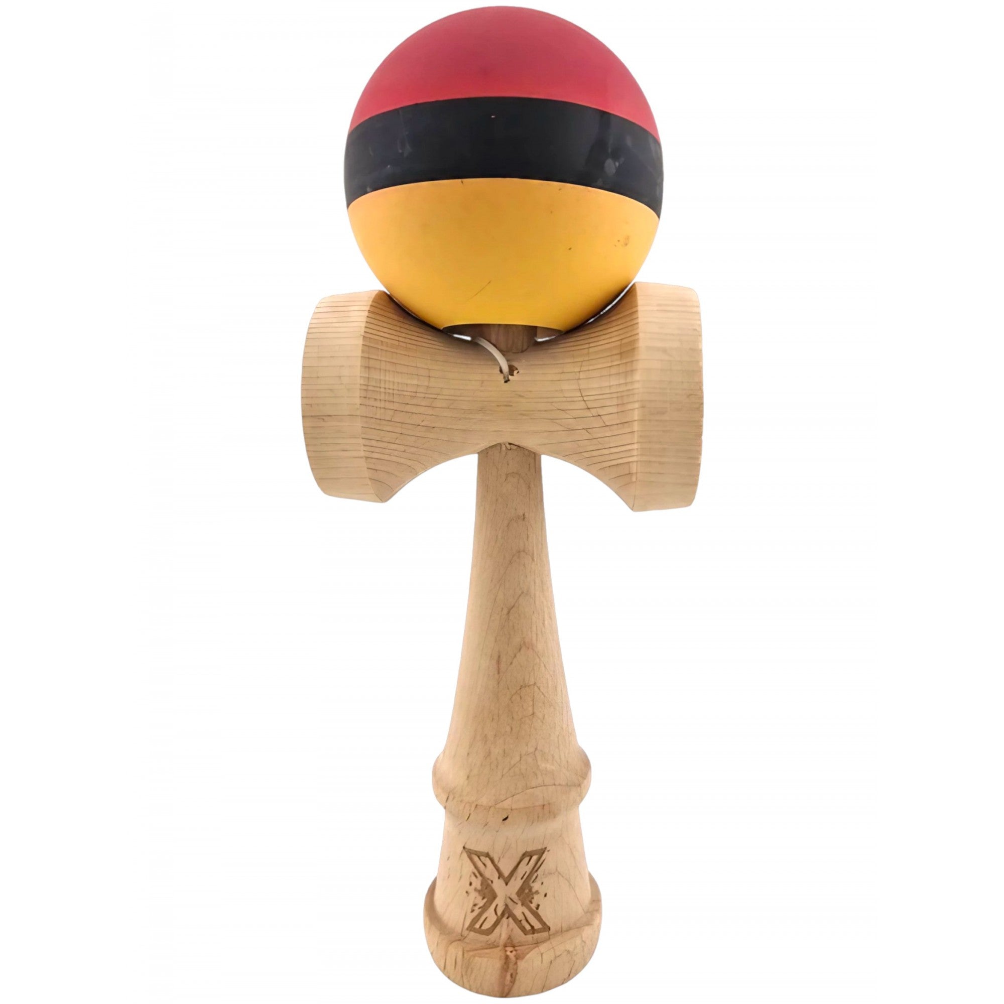 Kendama X Originala, Profesionala, din Lemn, Rubber Grip, 18 cm, Rosu/Negru/Galben