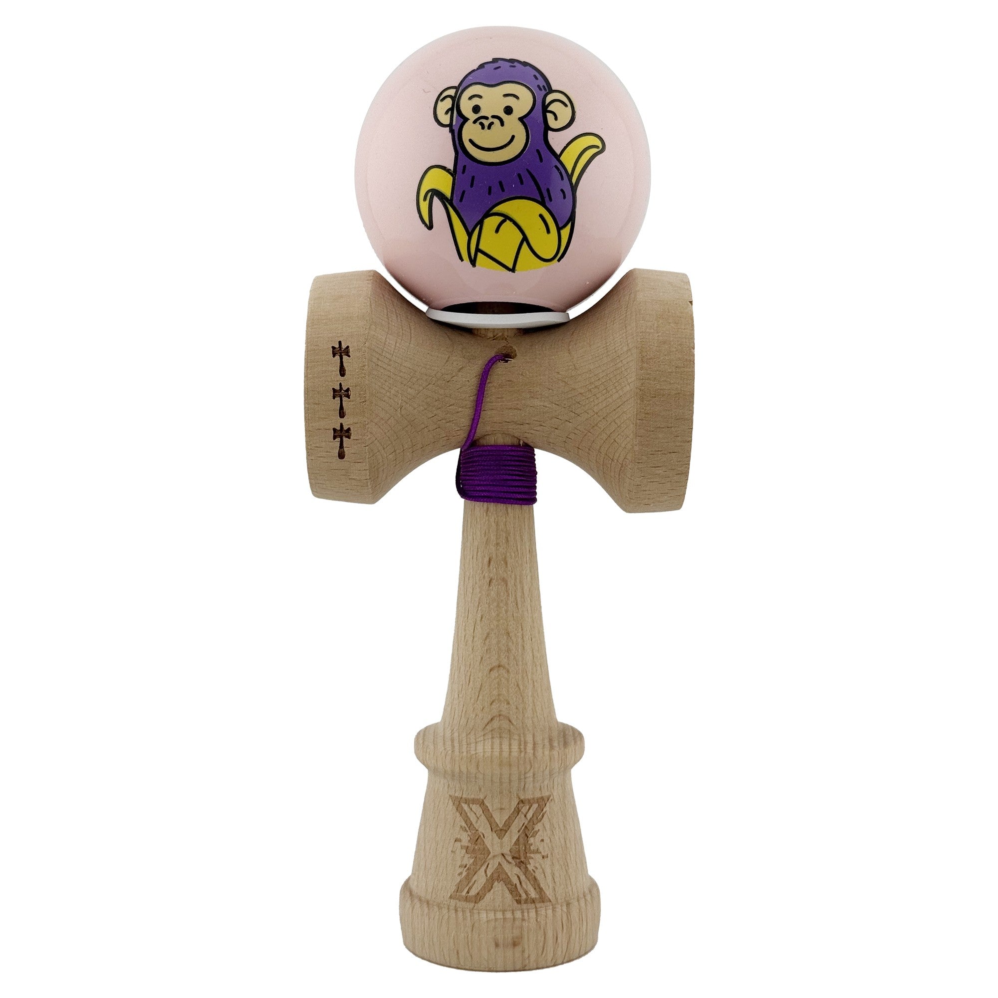 Kendama X Originala, Profesionala, Violet Monkey, Super Sticky cu Cupe Mari King Size V3, Rulment Metalic si Gaura in Baza, din Lemn 18 cm, Ata 62/65 cm, Roz