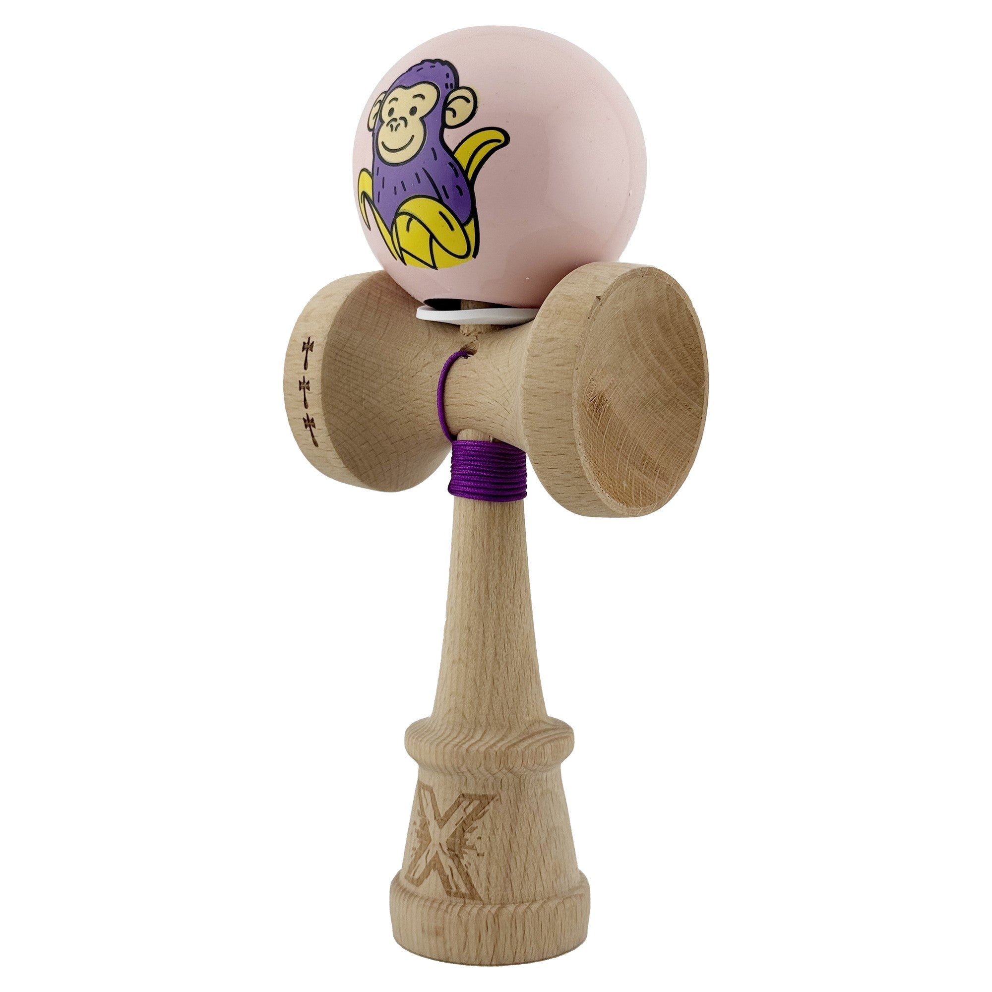 Kendama X Originala, Profesionala, Violet Monkey, Super Sticky cu Cupe Mari King Size V3, Rulment Metalic si Gaura in Baza, din Lemn 18 cm, Ata 62/65 cm, Roz