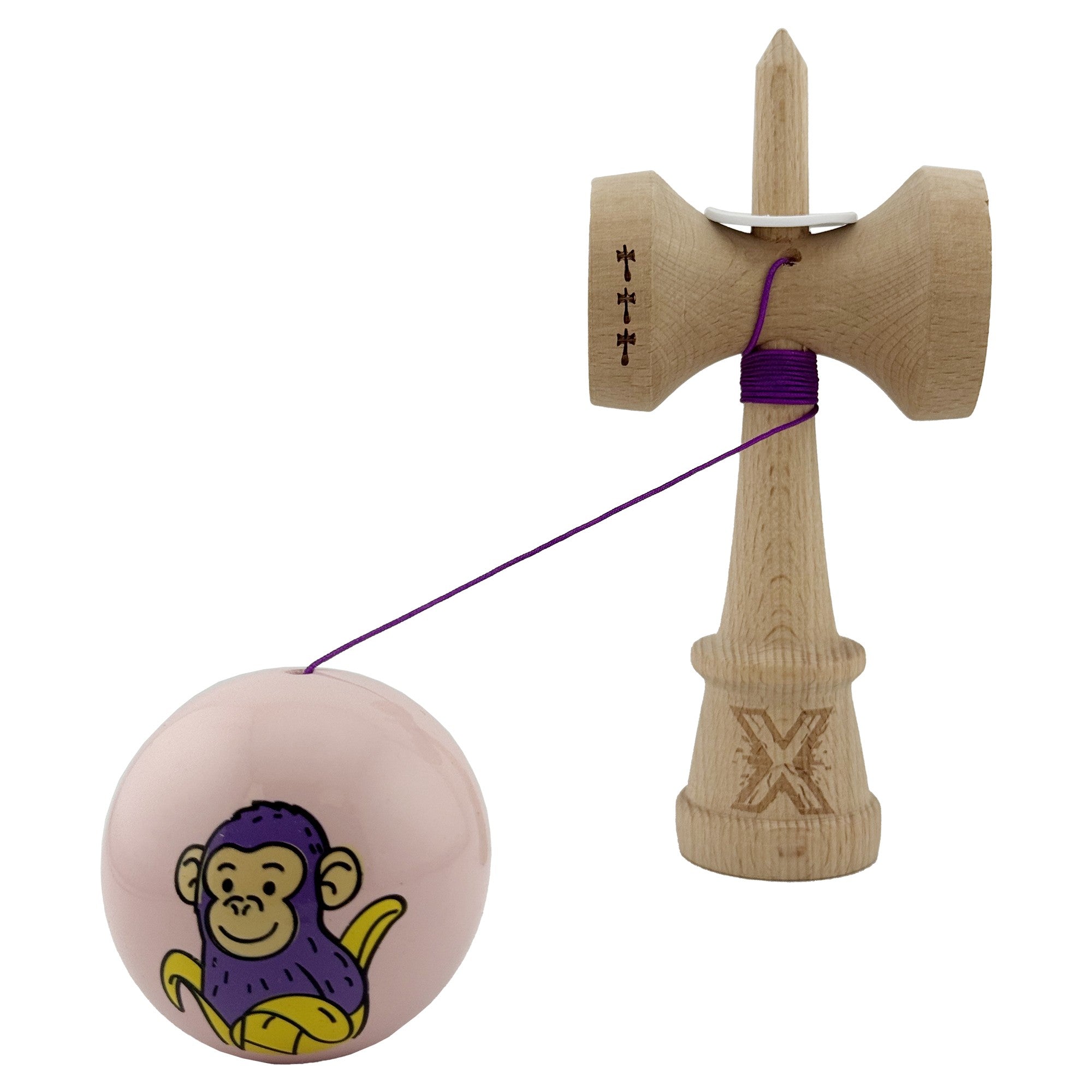 Kendama X Originala, Profesionala, Violet Monkey, Super Sticky cu Cupe Mari King Size V3, Rulment Metalic si Gaura in Baza, din Lemn 18 cm, Ata 62/65 cm, Roz
