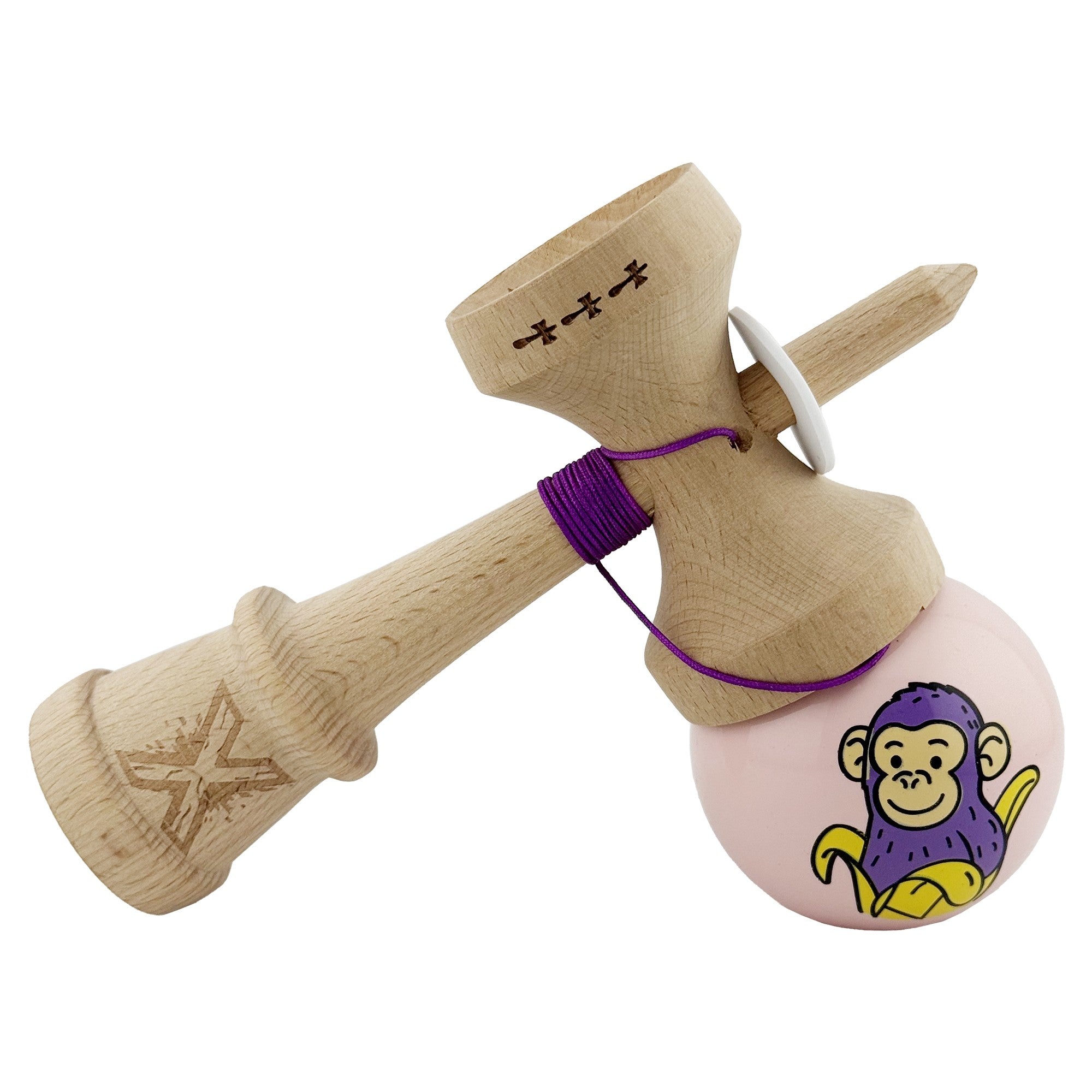 Kendama X Originala, Profesionala, Violet Monkey, Super Sticky cu Cupe Mari King Size V3, Rulment Metalic si Gaura in Baza, din Lemn 18 cm, Ata 62/65 cm, Roz