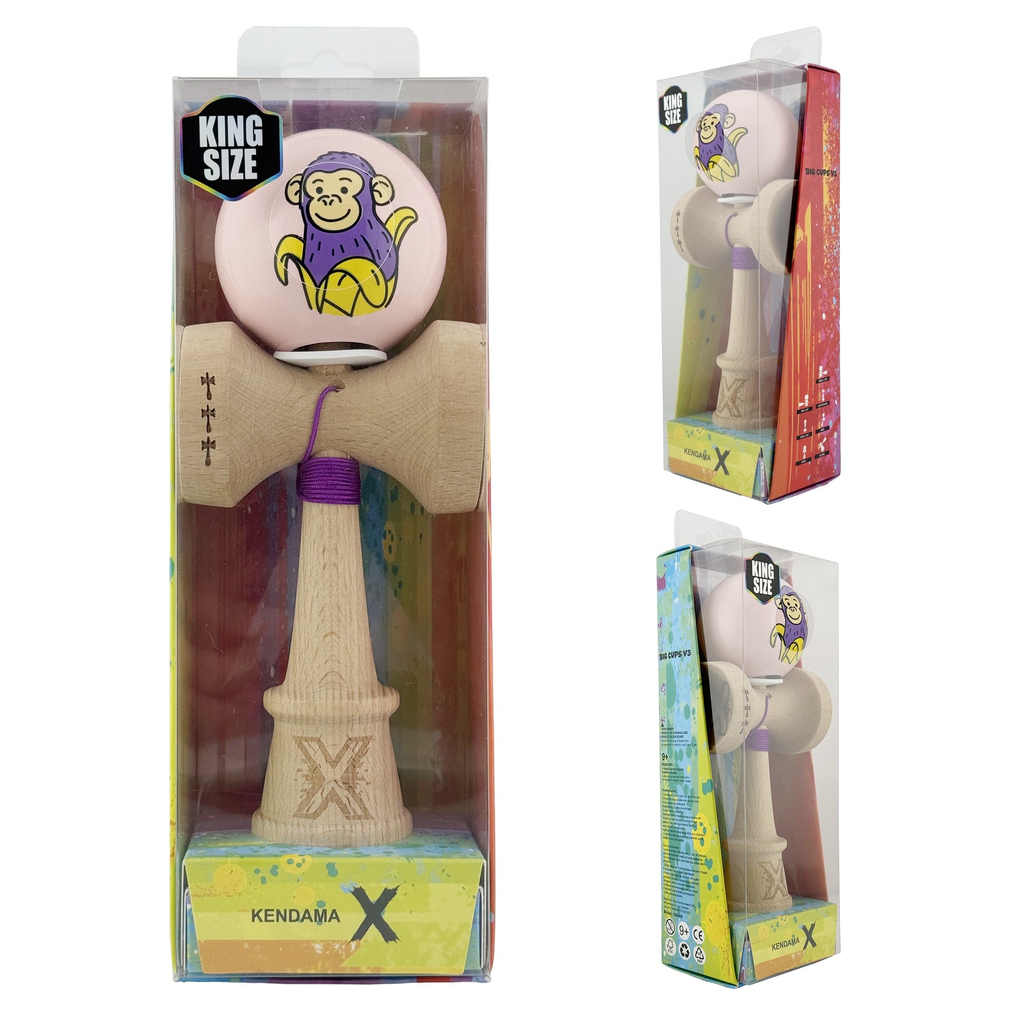 Kendama X Originala, Profesionala, Violet Monkey, Super Sticky cu Cupe Mari King Size V3, Rulment Metalic si Gaura in Baza, din Lemn 18 cm, Ata 62/65 cm, Roz