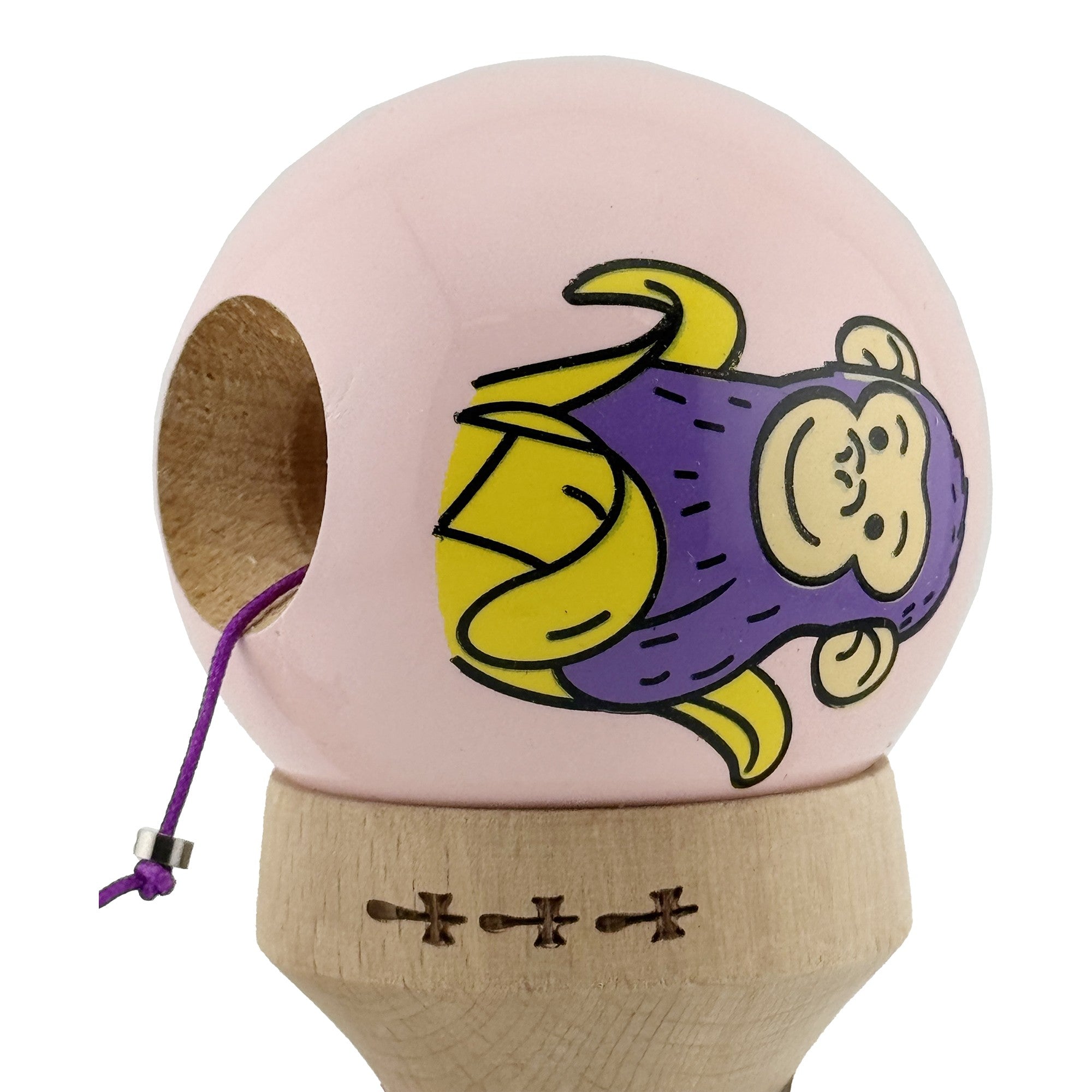 Kendama X Originala, Profesionala, Violet Monkey, Super Sticky cu Cupe Mari King Size V3, Rulment Metalic si Gaura in Baza, din Lemn 18 cm, Ata 62/65 cm, Roz