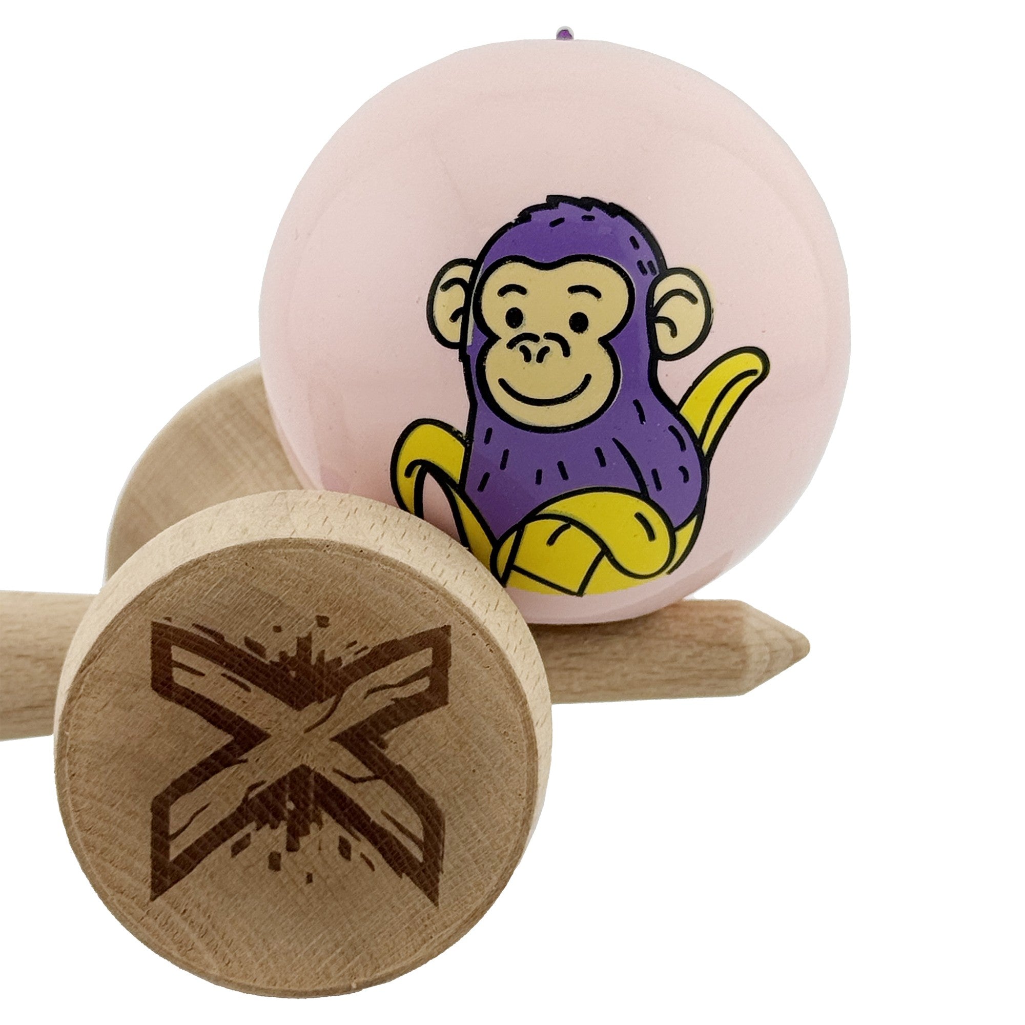 Kendama X Originala, Profesionala, Violet Monkey, Super Sticky cu Cupe Mari King Size V3, Rulment Metalic si Gaura in Baza, din Lemn 18 cm, Ata 62/65 cm, Roz