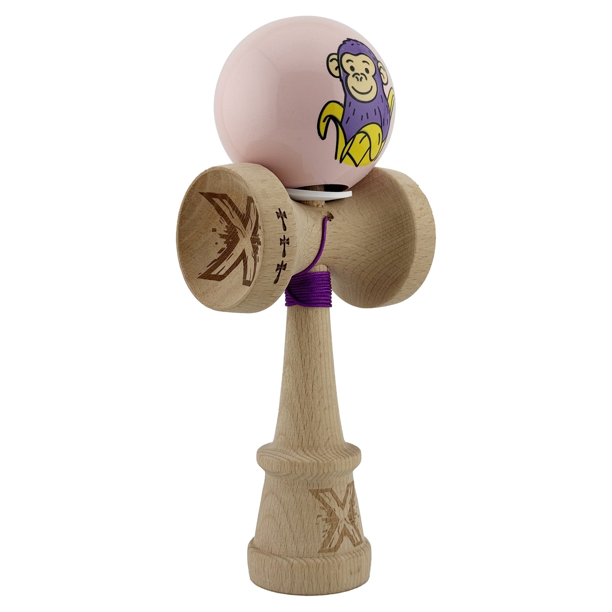 Kendama X Originala, Profesionala, Violet Monkey, Super Sticky cu Cupe Mari King Size V3, Rulment Metalic si Gaura in Baza, din Lemn 18 cm, Ata 62/65 cm, Roz