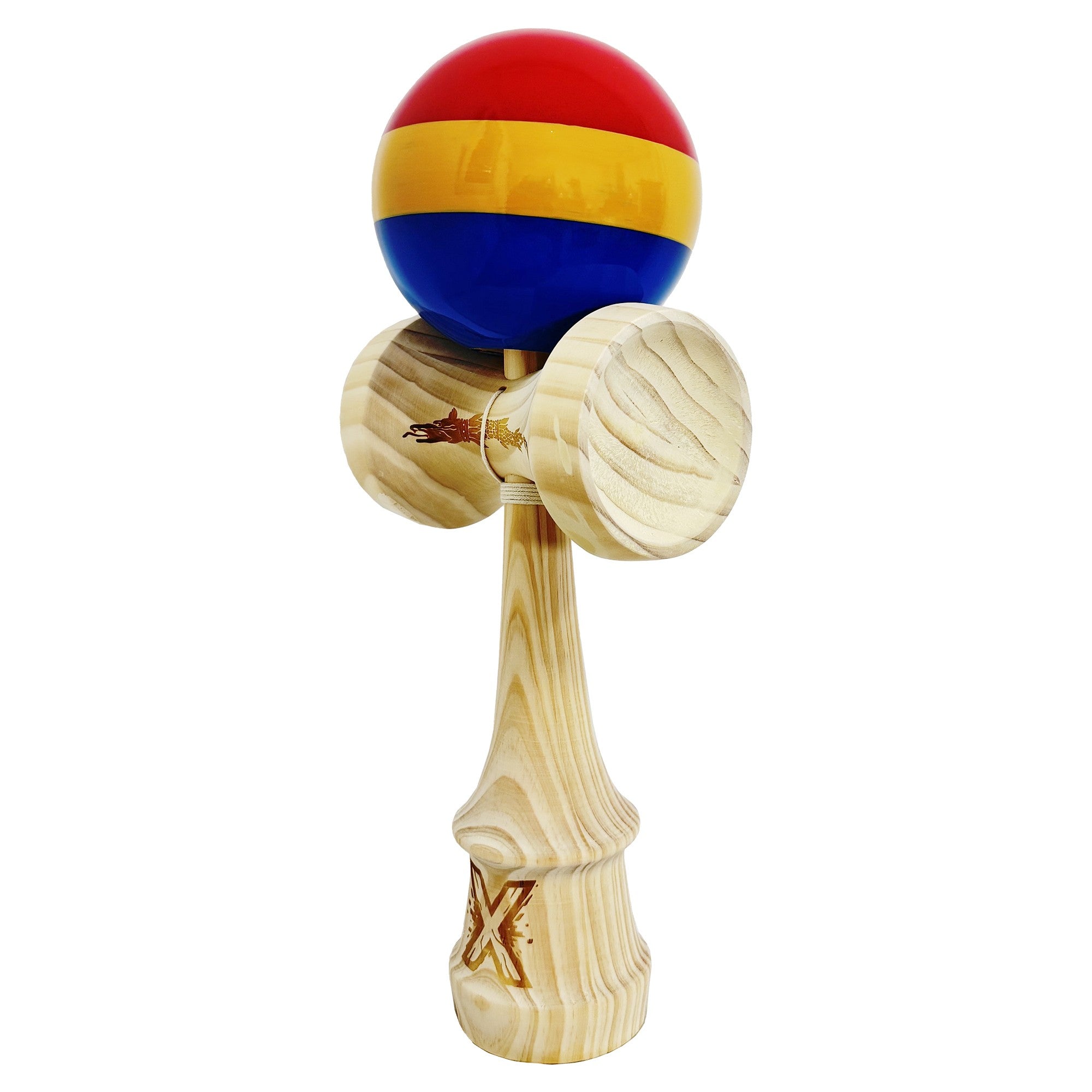 Kendama X Originala, Profesionala, Inaltime 52 cm, SUPER BIG cu Cupe KING SIZE, Bila Super Sticky, Diametrul 17 cm, din Lemn, Multicolor