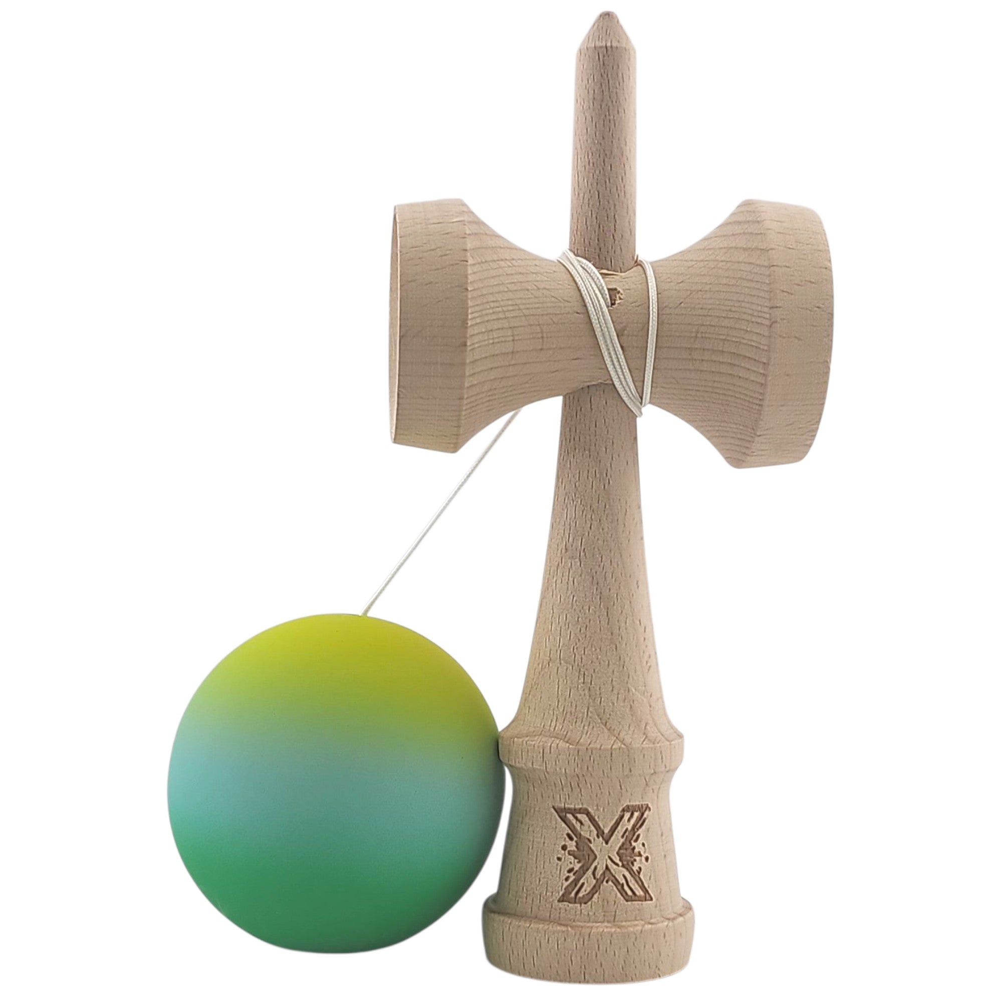 Kendama X Originala, Profesionala, Rubber Grip, din Lemn, 18 cm, Galben/Albastru/Verde