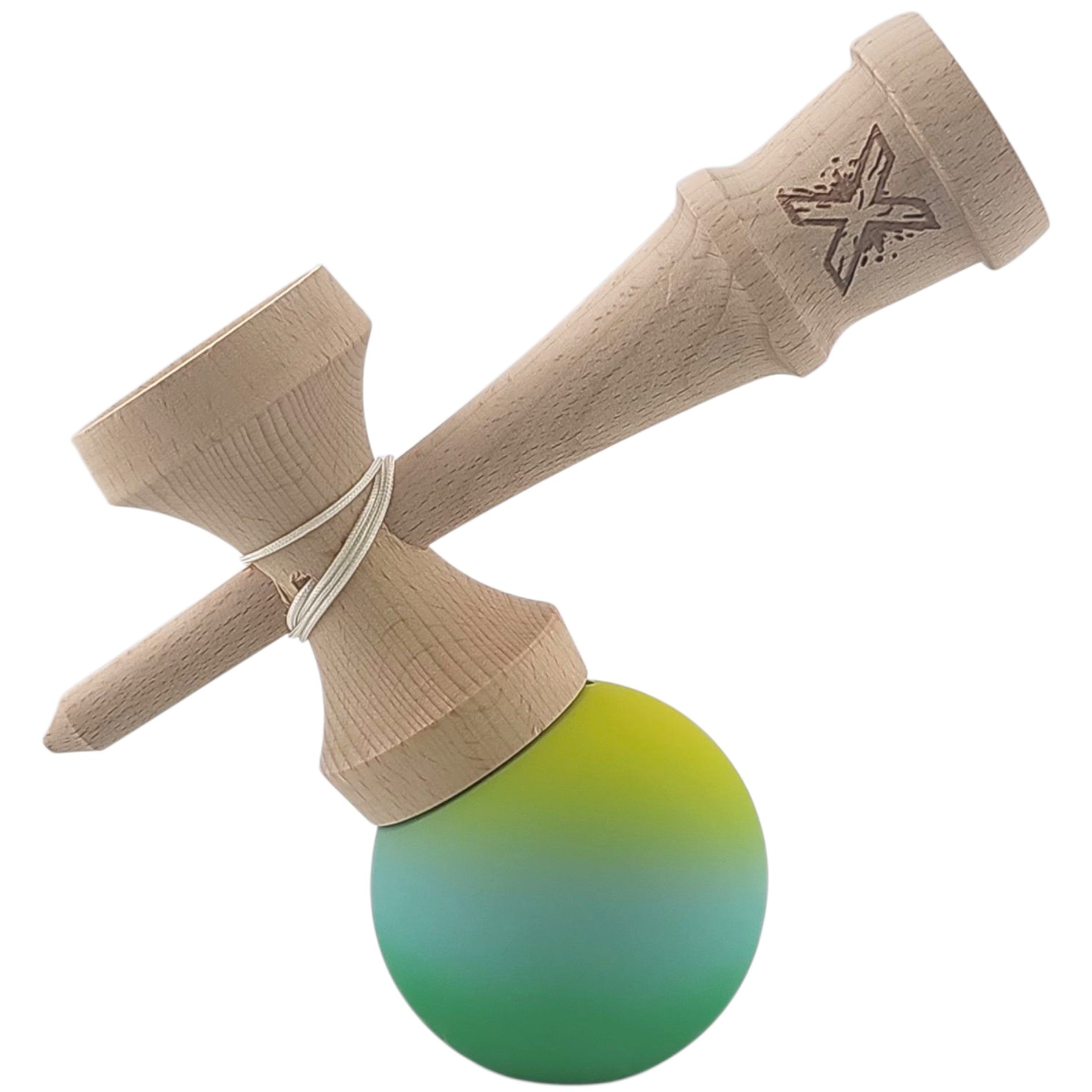 Kendama X Originala, Profesionala, Rubber Grip, din Lemn, 18 cm, Galben/Albastru/Verde
