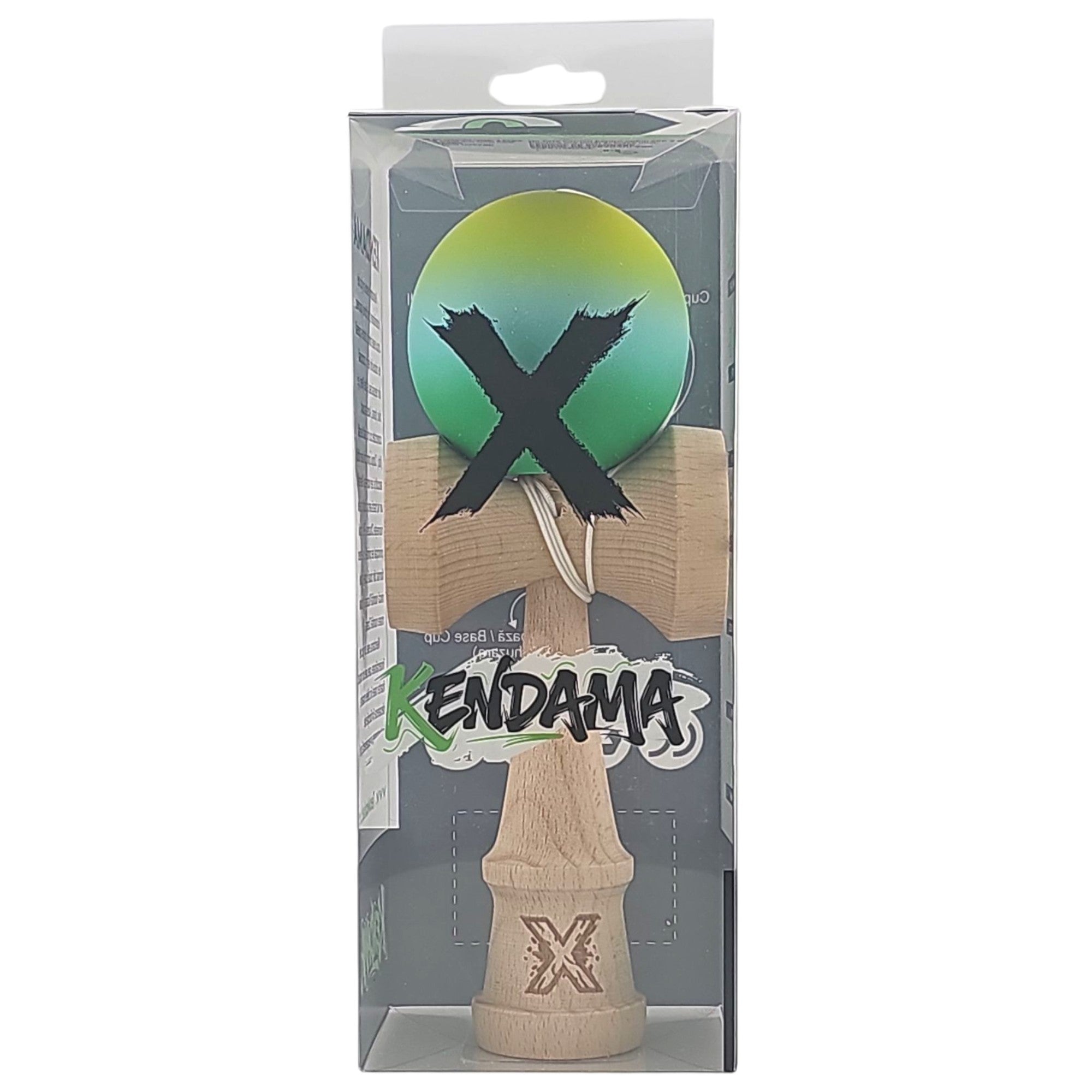 Kendama X Originala, Profesionala, Rubber Grip, din Lemn, 18 cm, Galben/Albastru/Verde