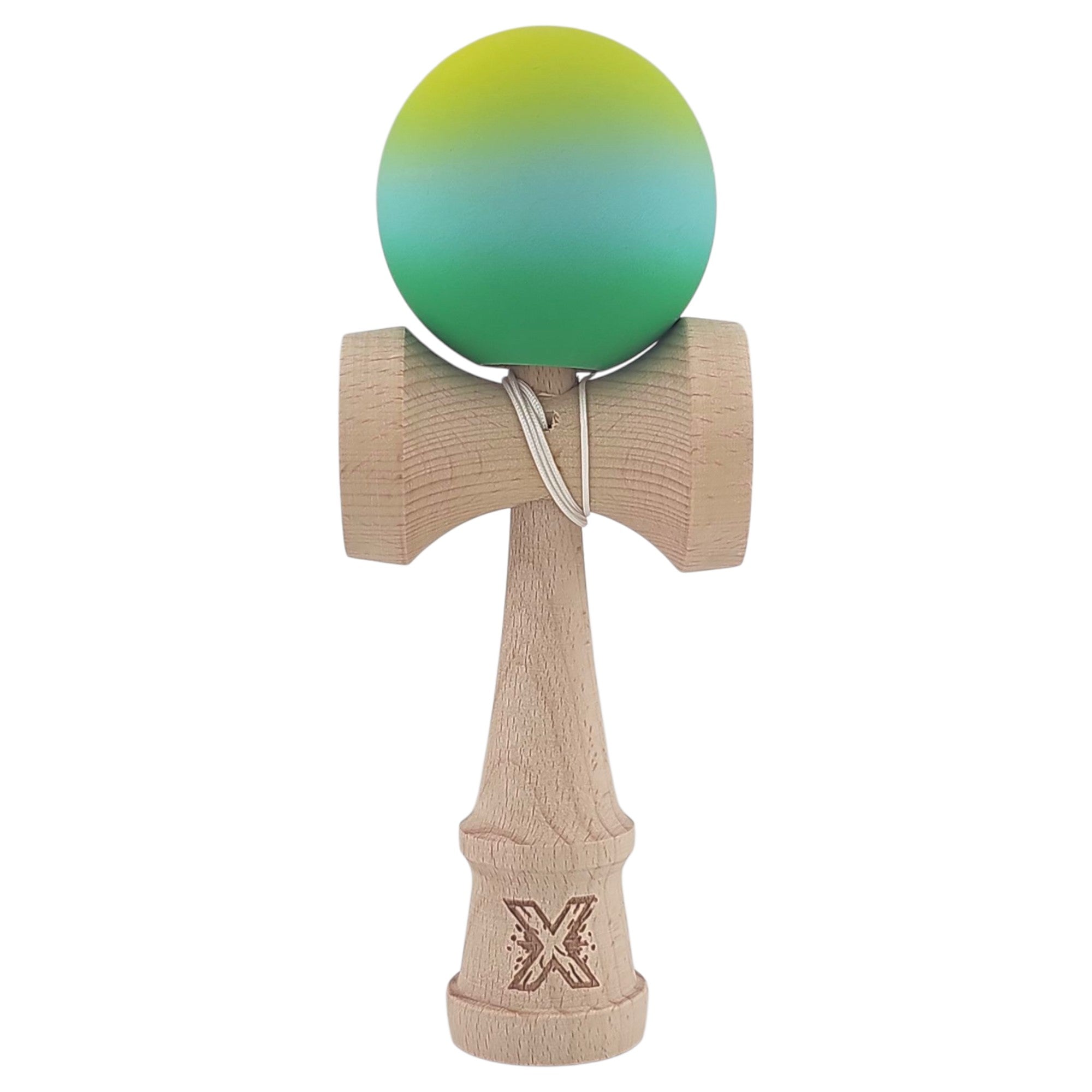 Kendama X Originala, Profesionala, Rubber Grip, din Lemn, 18 cm, Galben/Albastru/Verde