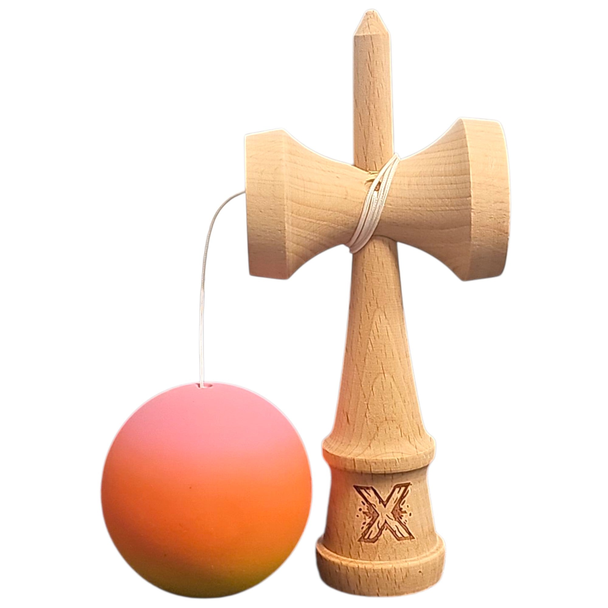 Kendama X Originala, Profesionala, Rubber Grip, din Lemn, 18 cm, Roz/Portocaliu/Galben