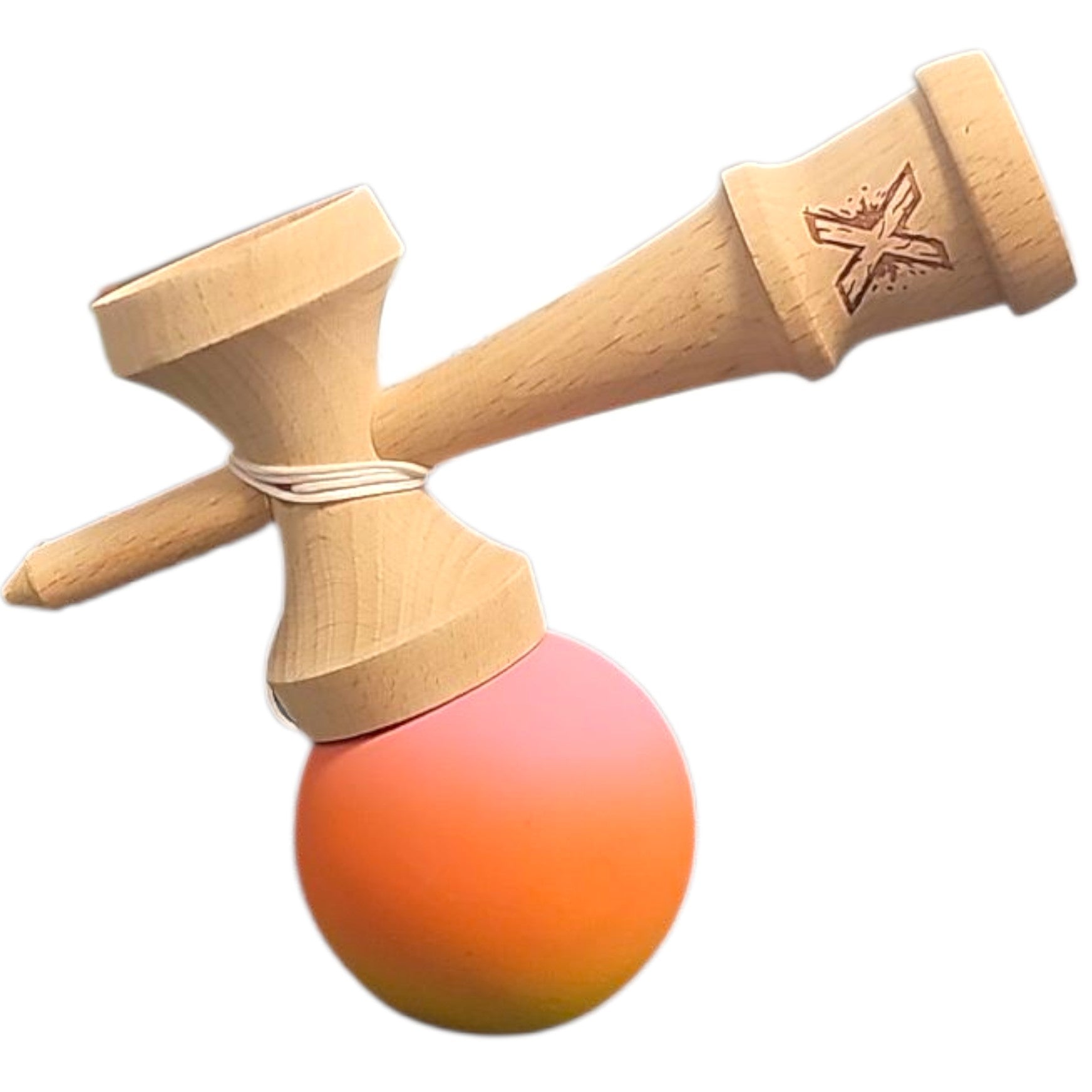 Kendama X Originala, Profesionala, Rubber Grip, din Lemn, 18 cm, Roz/Portocaliu/Galben