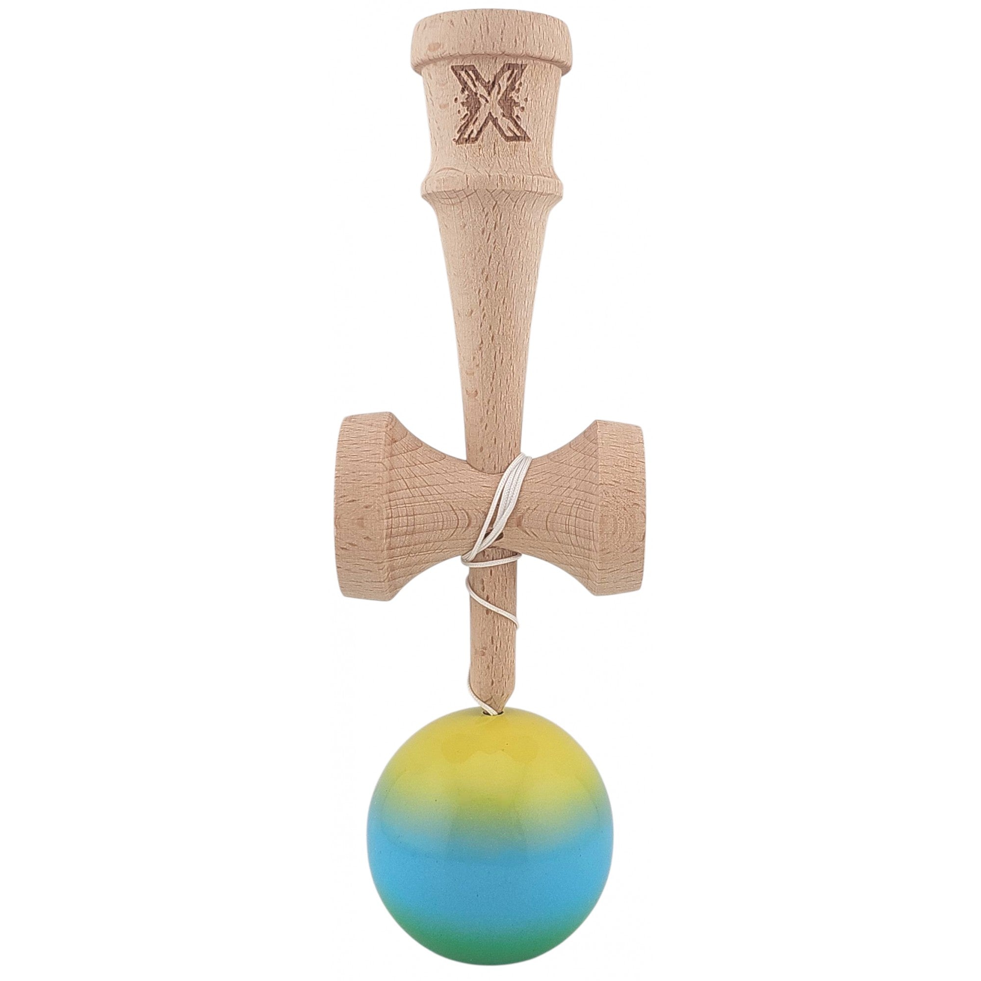 Kendama X Originala, Profesionala, Super Sticky din Lemn, 18 cm, Gradient Galben/Albastru deschis/Verde