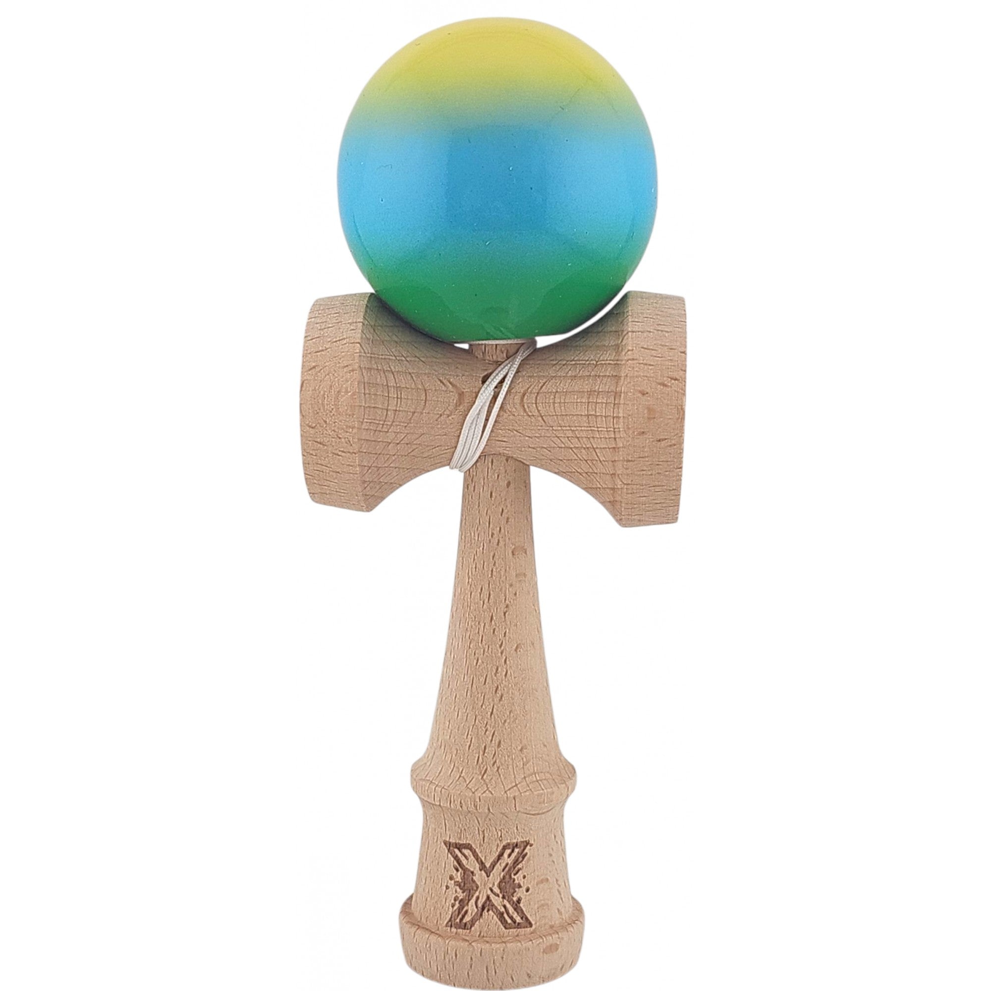 Kendama X Originala, Profesionala, Super Sticky din Lemn, 18 cm, Gradient Galben/Albastru deschis/Verde