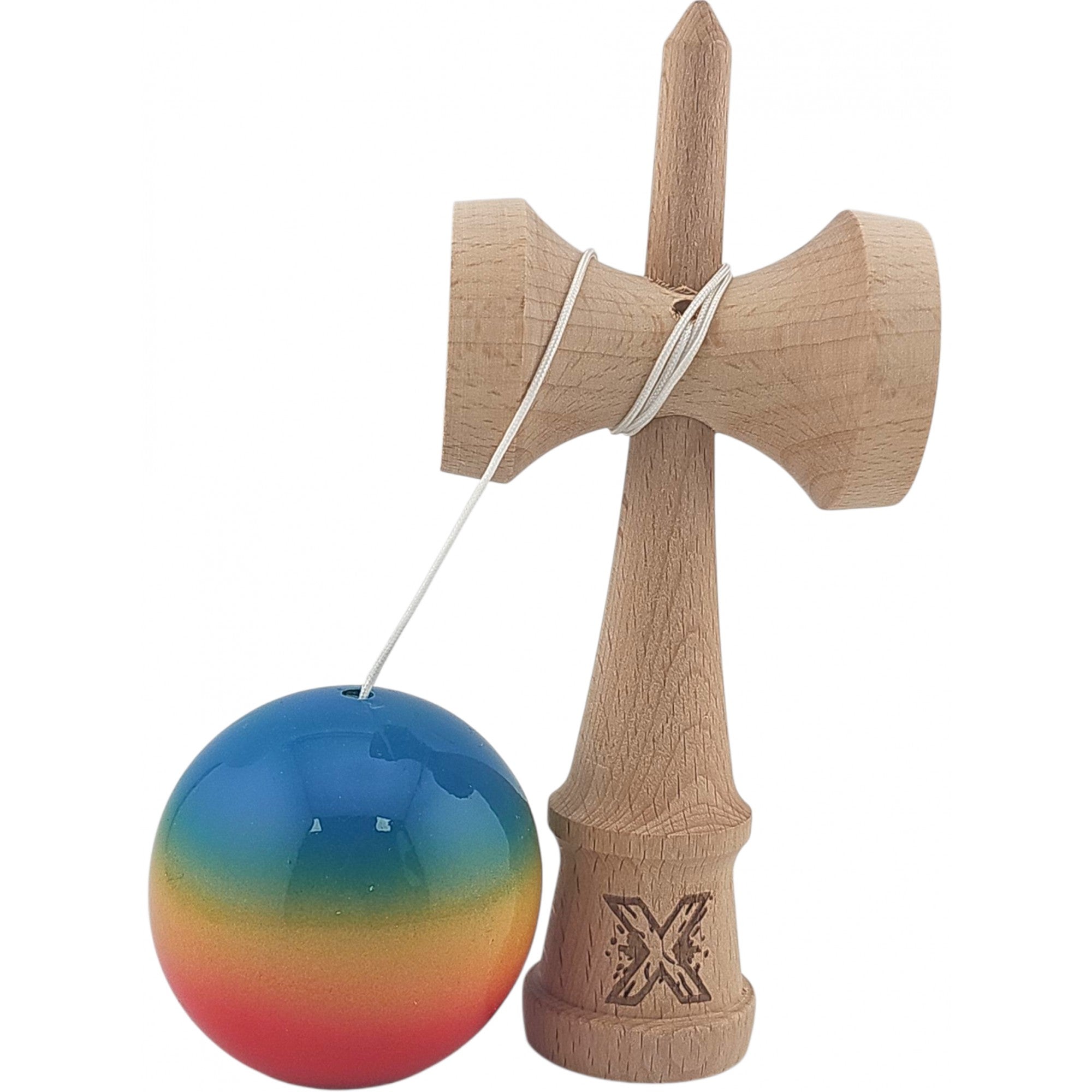 Kendama X Originala, Profesionala, Super Sticky din Lemn, 18 cm, Gradient Rosu/Galben/Albastru