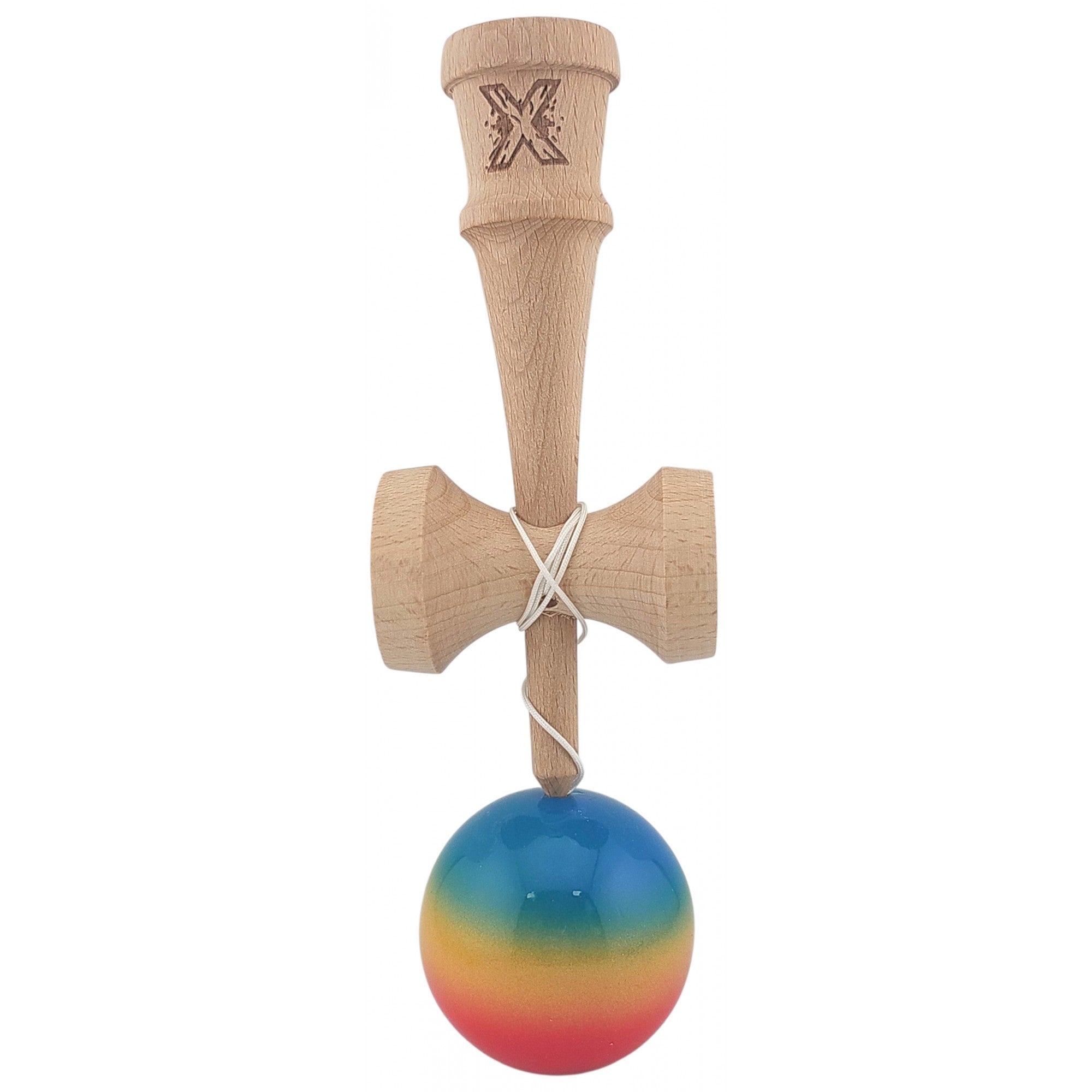 Kendama X Originala, Profesionala, Super Sticky din Lemn, 18 cm, Gradient Rosu/Galben/Albastru