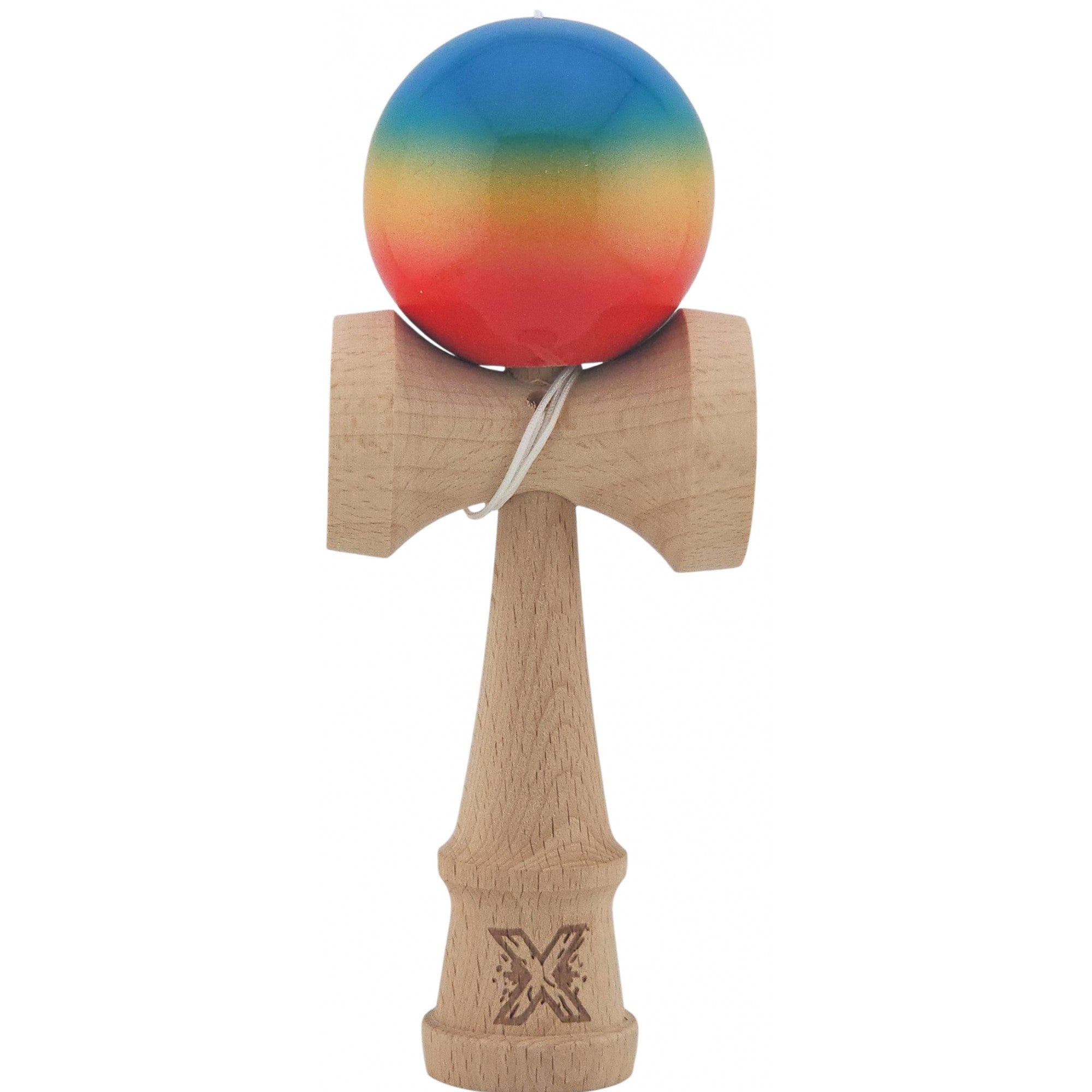 Kendama X Originala, Profesionala, Super Sticky din Lemn, 18 cm, Gradient Rosu/Galben/Albastru