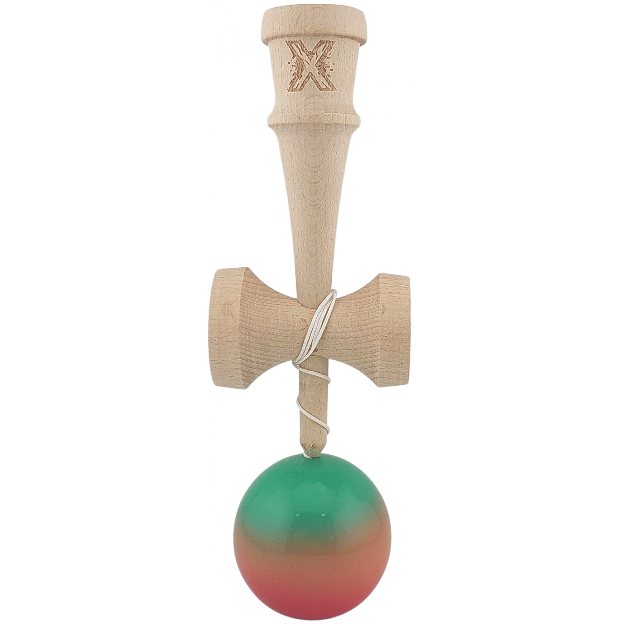 Kendama X Originala, Profesionala, Super Sticky din Lemn, 18 cm, Gradient Rosu/Verde