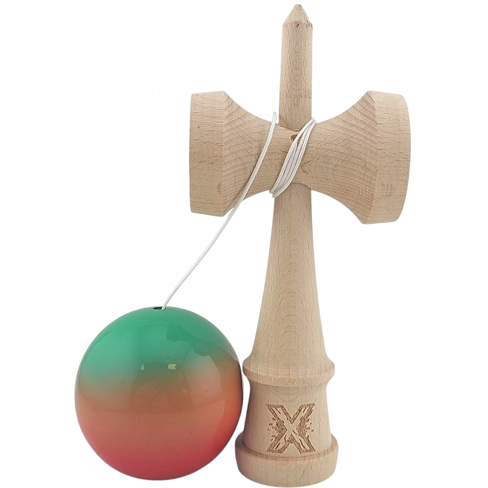 Kendama X Originala, Profesionala, Super Sticky din Lemn, 18 cm, Gradient Rosu/Verde