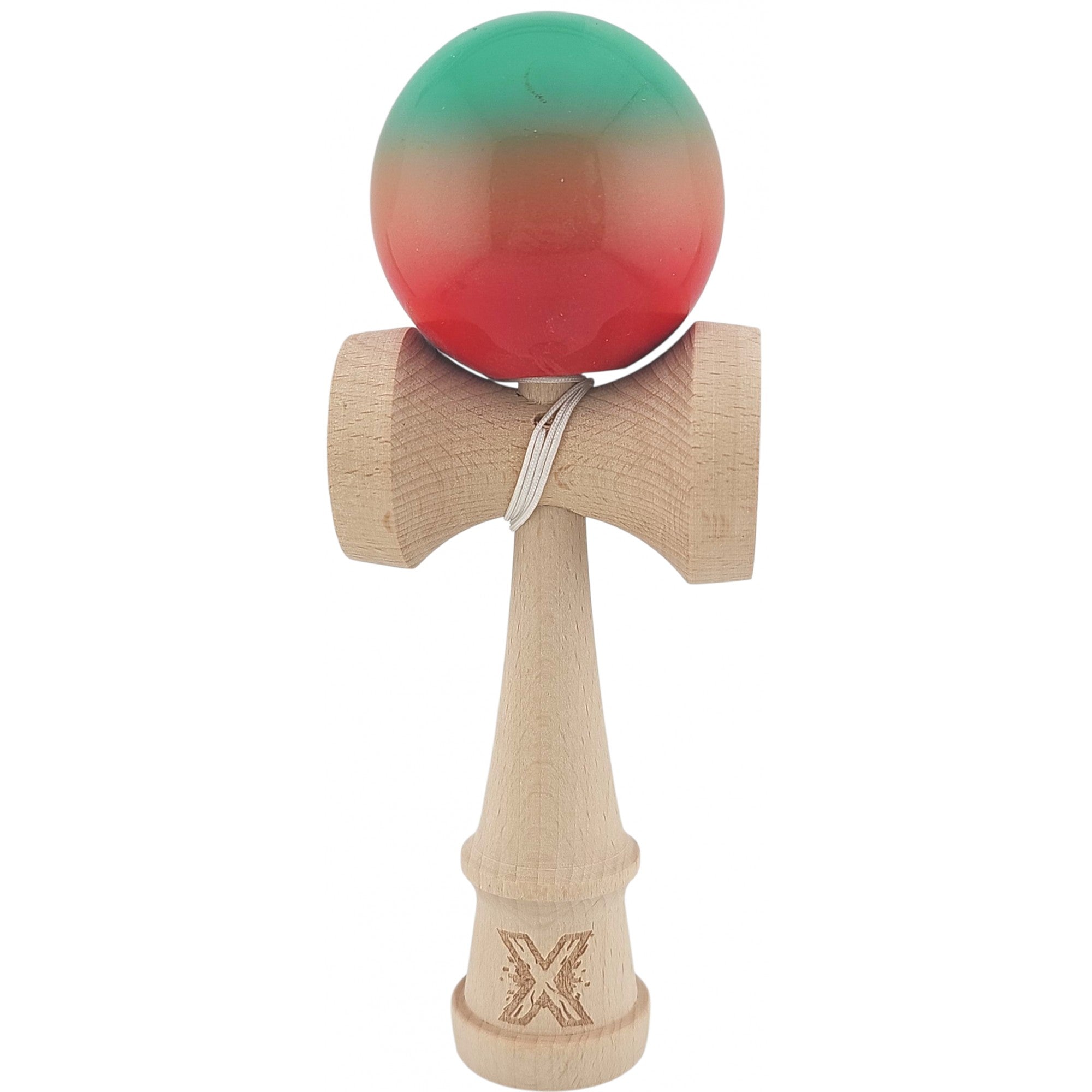 Kendama X Originala, Profesionala, Super Sticky din Lemn, 18 cm, Gradient Rosu/Verde