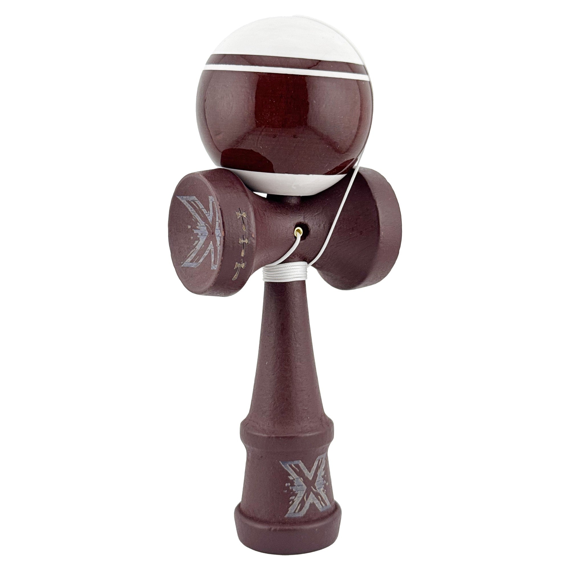 Kendama X Originala, Profesionala, Super Sticky Legendary, Rulment Metalic cu Ata 55 cm, Alb/Maro