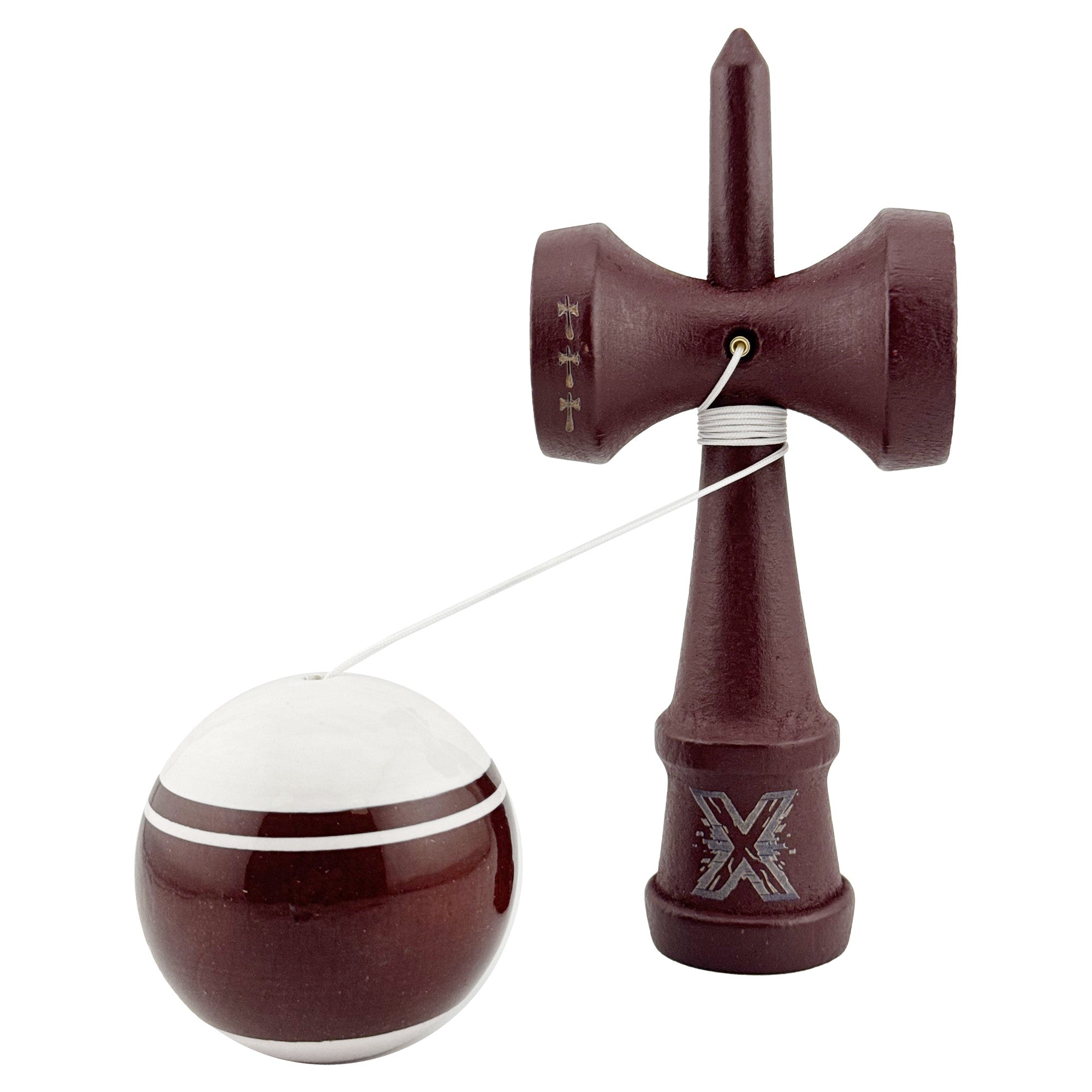 Kendama X Originala, Profesionala, Super Sticky Legendary, Rulment Metalic cu Ata 55 cm, Alb/Maro