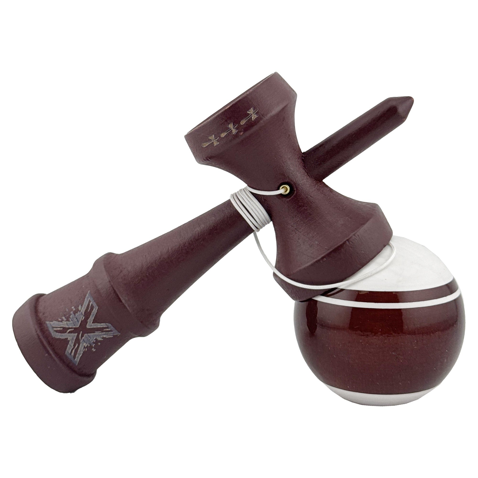 Kendama X Originala, Profesionala, Super Sticky Legendary, Rulment Metalic cu Ata 55 cm, Alb/Maro