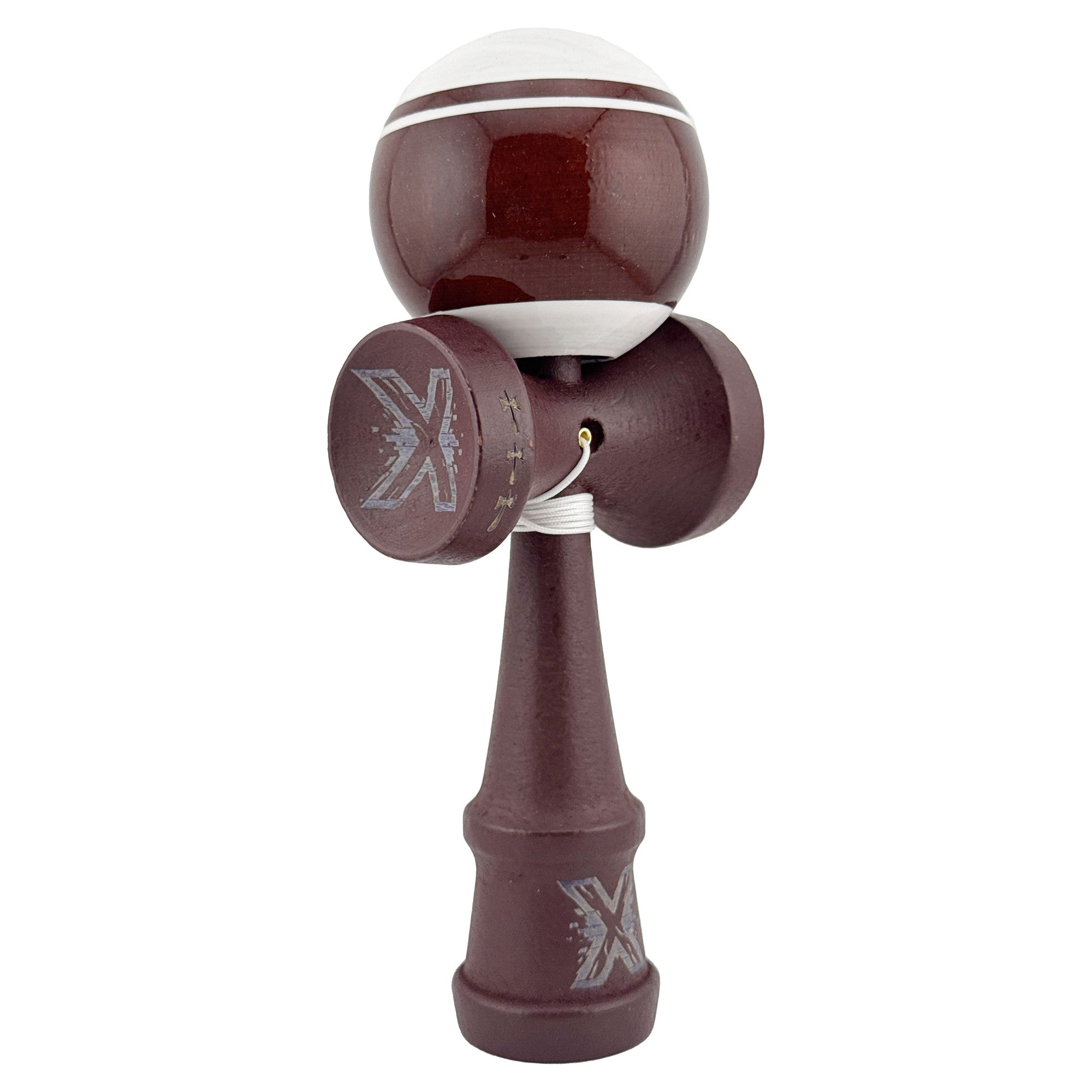 Kendama X Originala, Profesionala, Super Sticky Legendary, Rulment Metalic cu Ata 55 cm, Alb/Maro