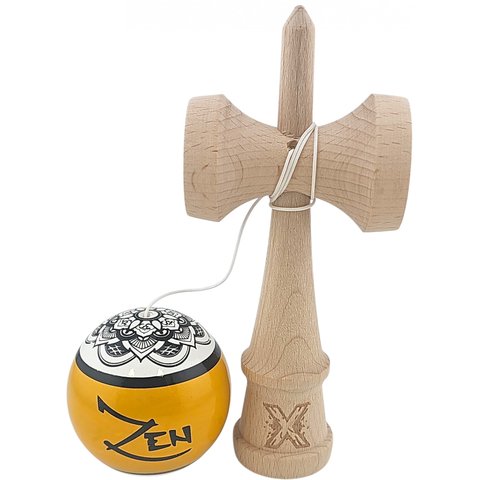 Kendama X Originala, Profesionala, Zen, din Lemn, Super Sticky, 18 cm, Auriu/Alb/Negu