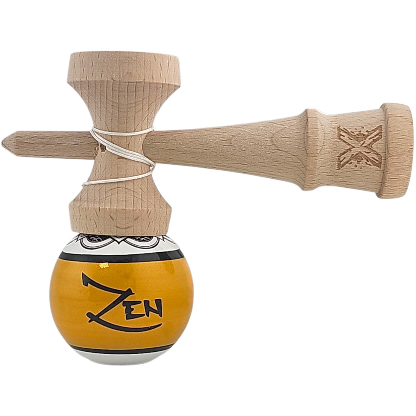 Kendama X Originala, Profesionala, Zen, din Lemn, Super Sticky, 18 cm, Auriu/Alb/Negu
