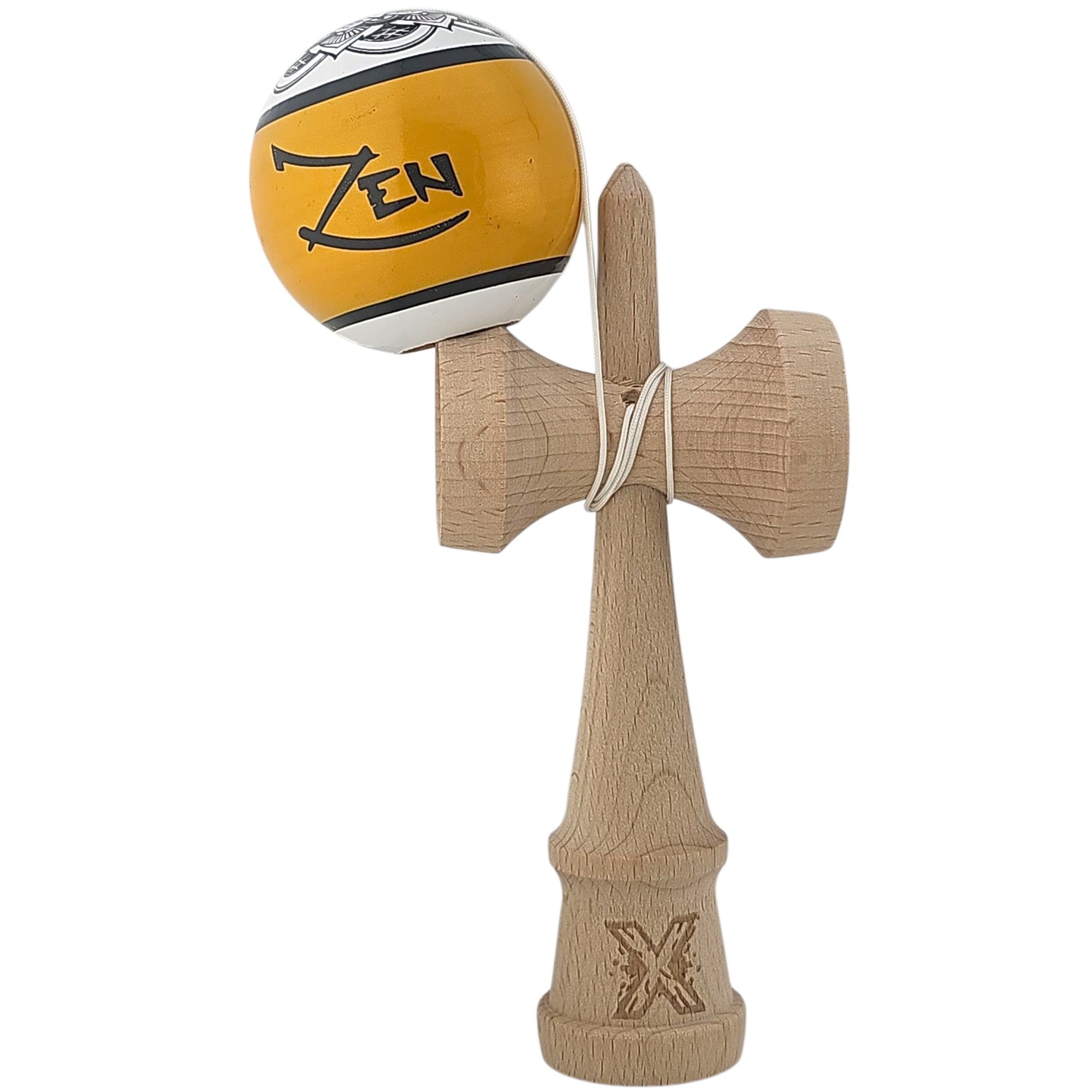 Kendama X Originala, Profesionala, Zen, din Lemn, Super Sticky, 18 cm, Auriu/Alb/Negu