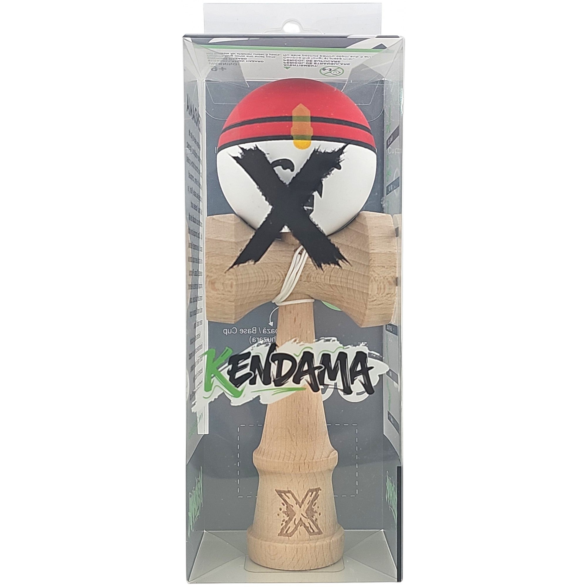 Kendama X Originala, Profesionala, Rege, din Lemn, 18 cm, Rosu/Alb/Galben
