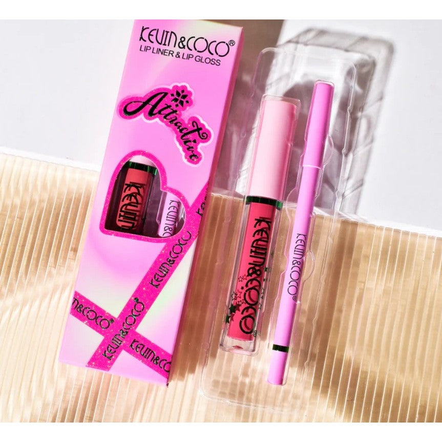 Set 2 Produse de Buze, Kevin&Coco, Attractive, Creion de Buze si Ruj Lichid, Roz