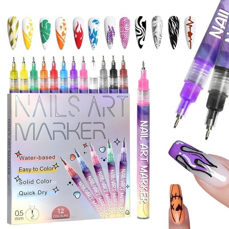 Kit Nail Art, Flippy, Set 12 Markere Acrilice Pentru Unghii, Varf Ultra Fin 0.5 mm, 13 x 10 cm, Multicolor