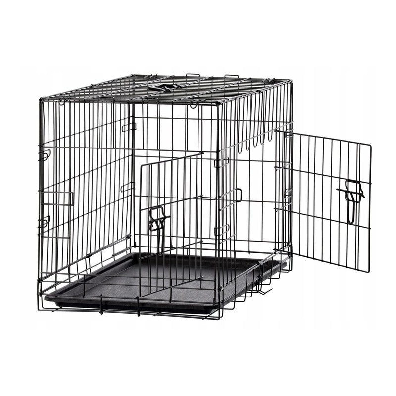 Cusca metalica pentru caine L, pliabila, cu tava detasabila si maner, 76x45x51 cm, negru