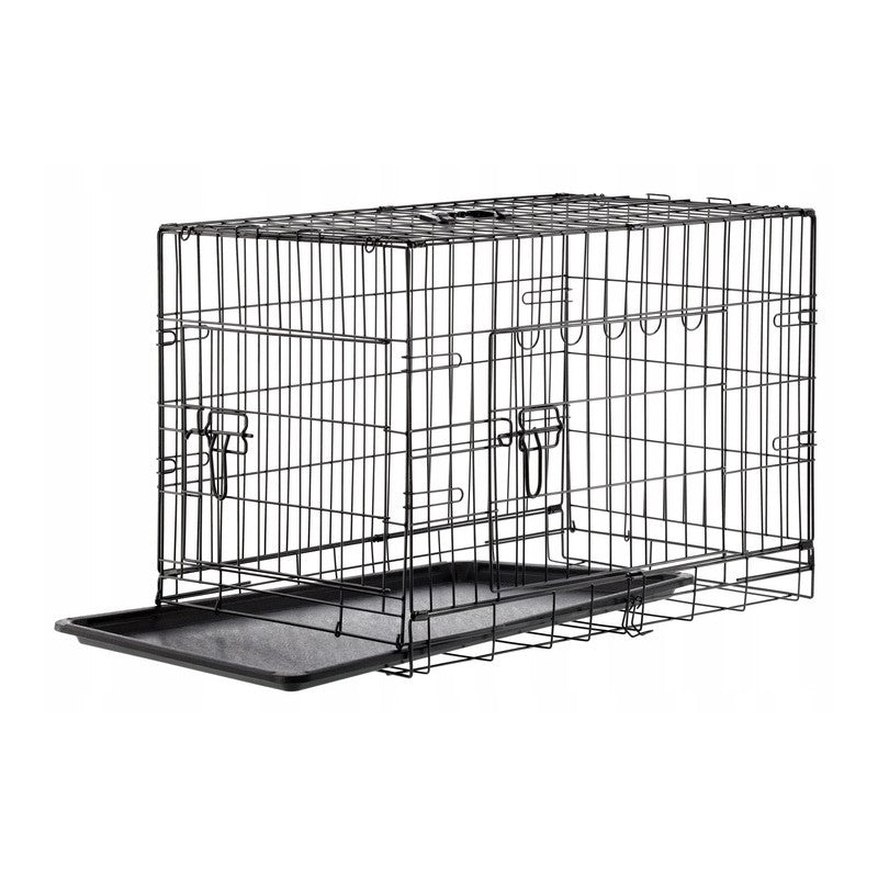 Cusca metalica pentru caine L, pliabila, cu tava detasabila si maner, 76x45x51 cm, negru