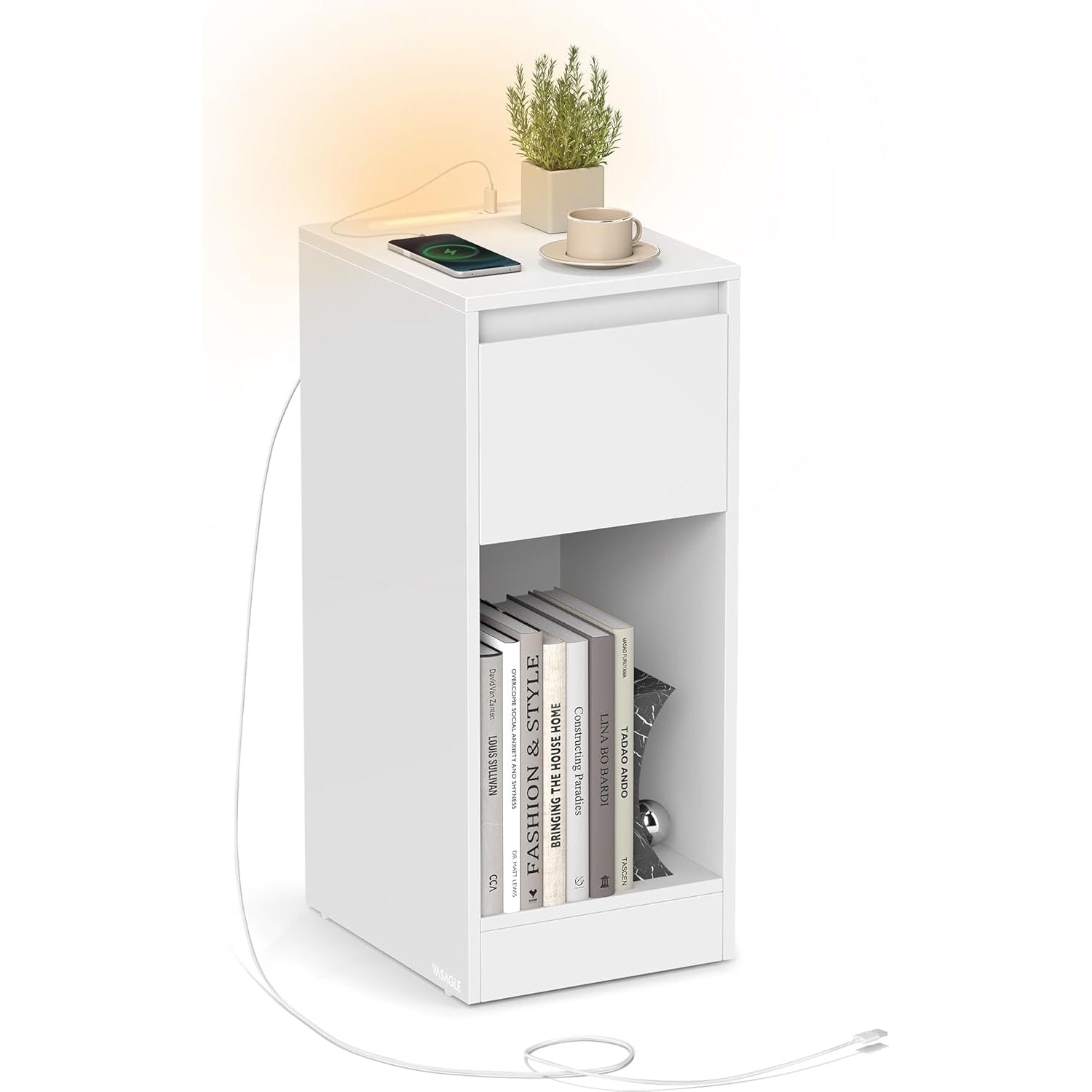 VASAGLE Noptiera slim cu LED si statie de incarcare cu 2 prize USB, MDF, 30x25x60 cm, alb