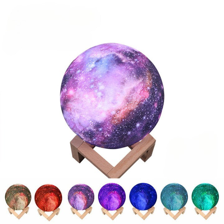 Lampa de veghe in forma de luna cu stele 3D Moon Light 7 culori, alimentare baterii, stand din lemn inclus, 15 cm, Flippy
