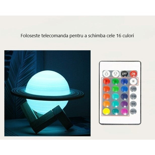 Lampa de veghe cu telecomanda in forma de Saturn 3D Saturn Light 16 culori, alimentare baterii, stand lemn inclus, 15 cm