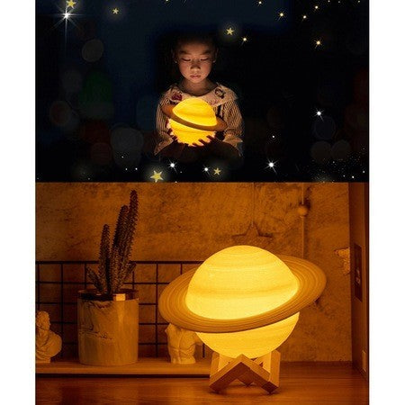 Lampa de Veghe, Model Planeta Saturn, 3D, Lumina Alb Cald, Suport din Plastic, cu Baterii, 13 cm, Alb