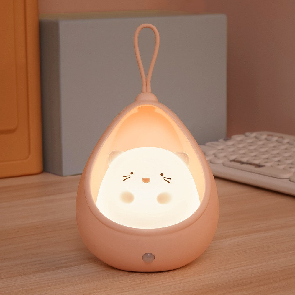 Lampa de veghe portabila cu 2 moduri de functionare, silicon non-toxic, reincarcabila USB, senzor miscare, roz, pisicuta