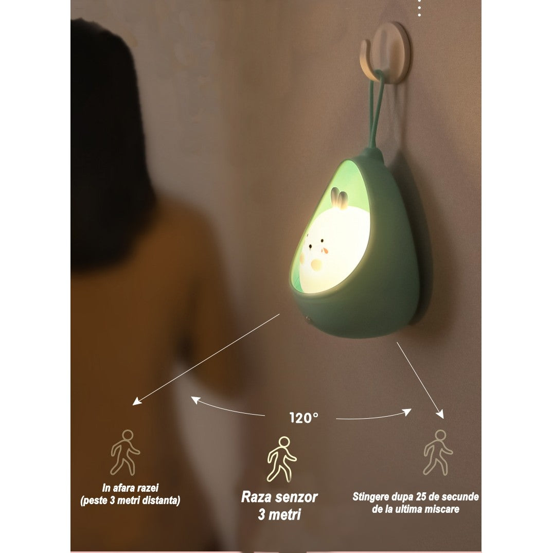 Lampa de veghe portabila cu 2 moduri de functionare, silicon non-toxic, reincarcabila USB, senzor miscare, albastru, iepuras